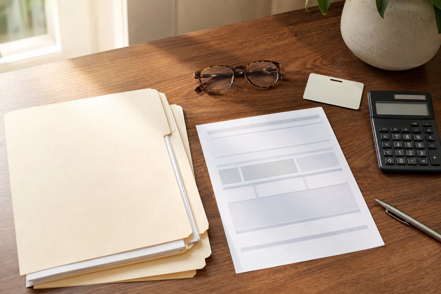 Association folders, application forms, calculator, glasses, and pen arranged for review