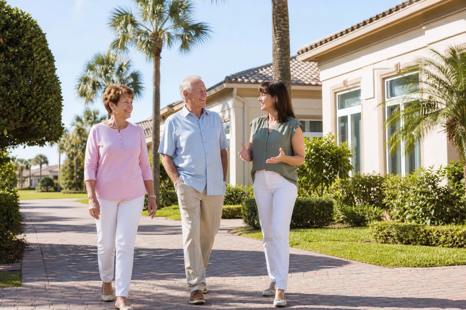 Older couple speaking with an adult family member outside a South Florida villa community