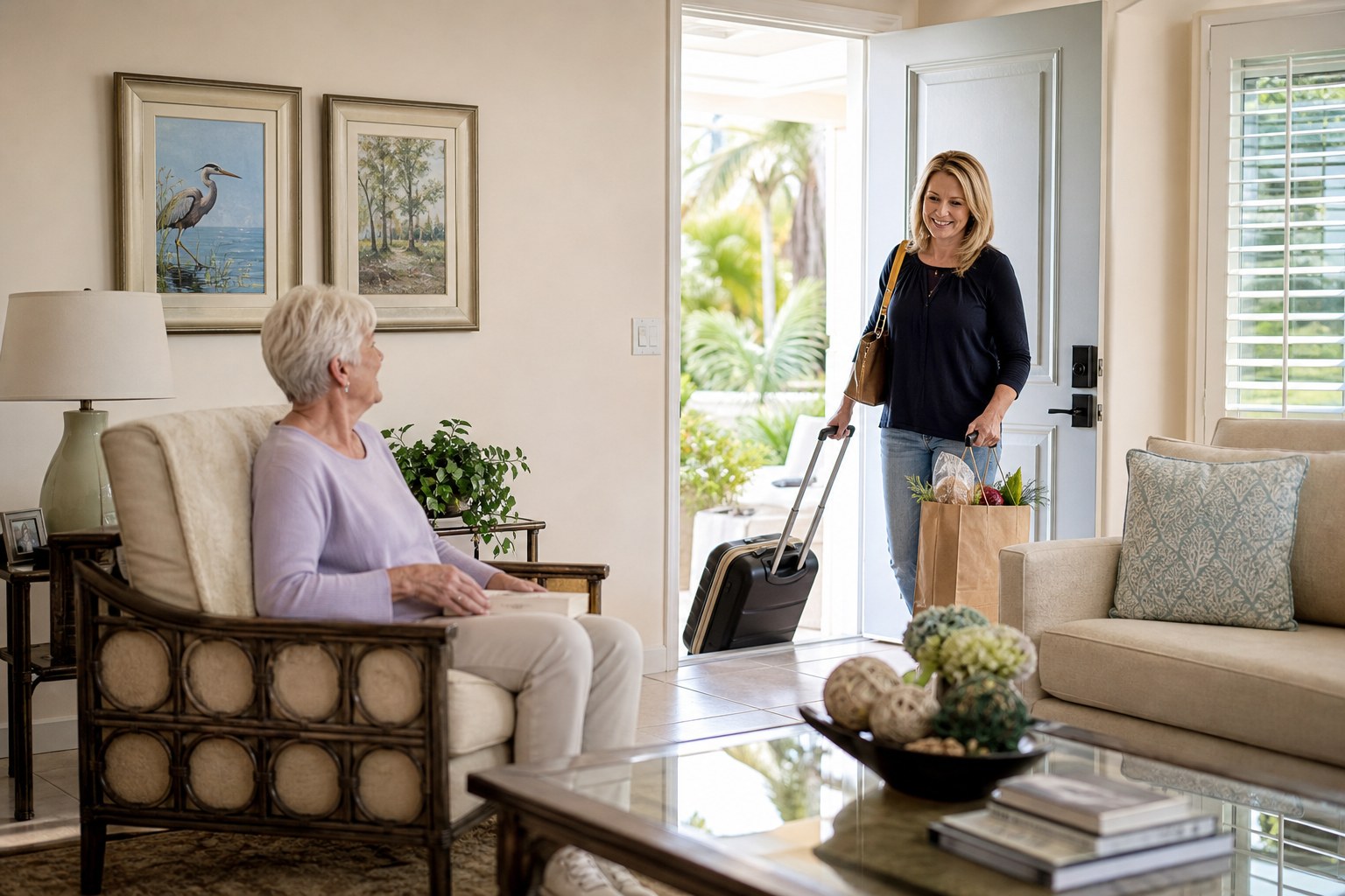 Adult family member visiting an older resident in a comfortable South Florida villa living room