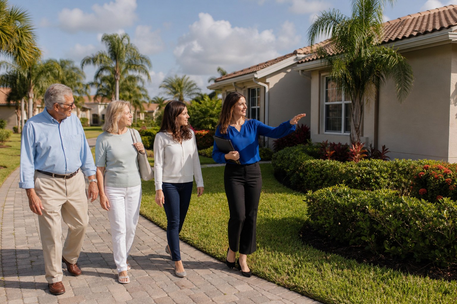 Older couple and adult family members touring a landscaped South Florida villa community with a real estate professional