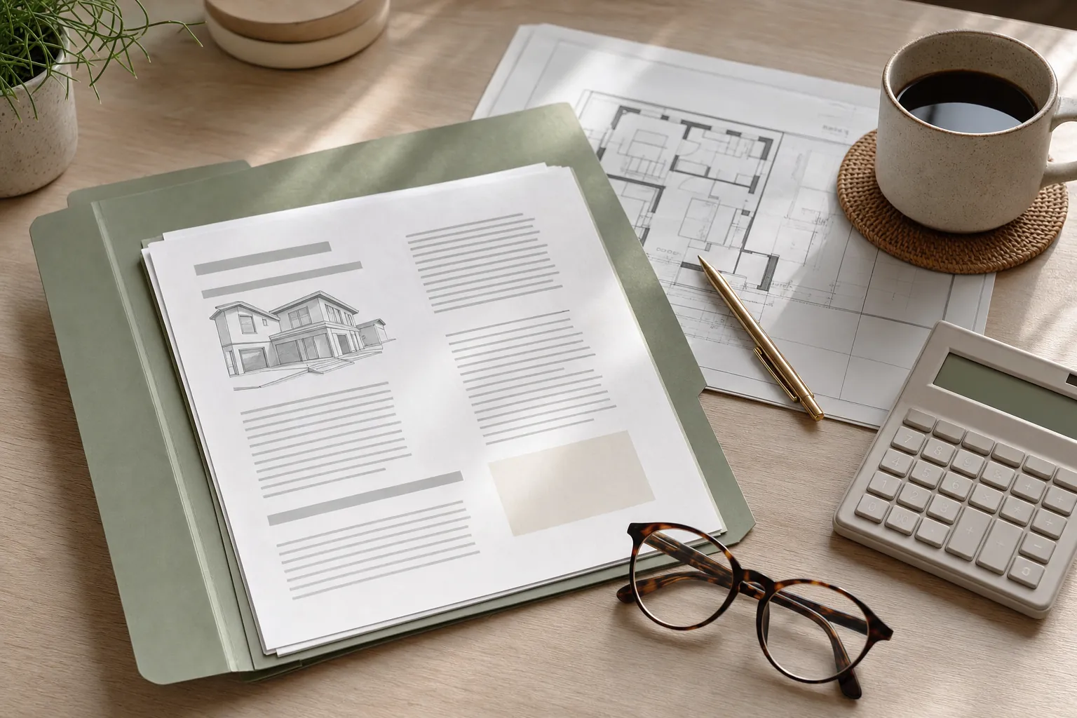 Homebuyer documents, floor plans, calculator, and glasses arranged for review