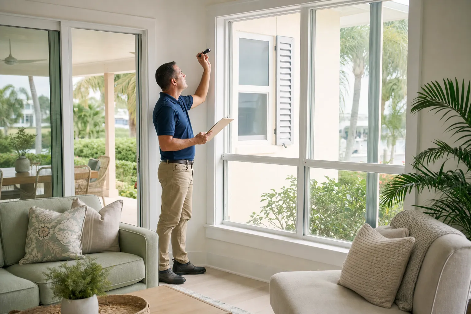 Home inspector reviewing a window in a bright South Florida home
