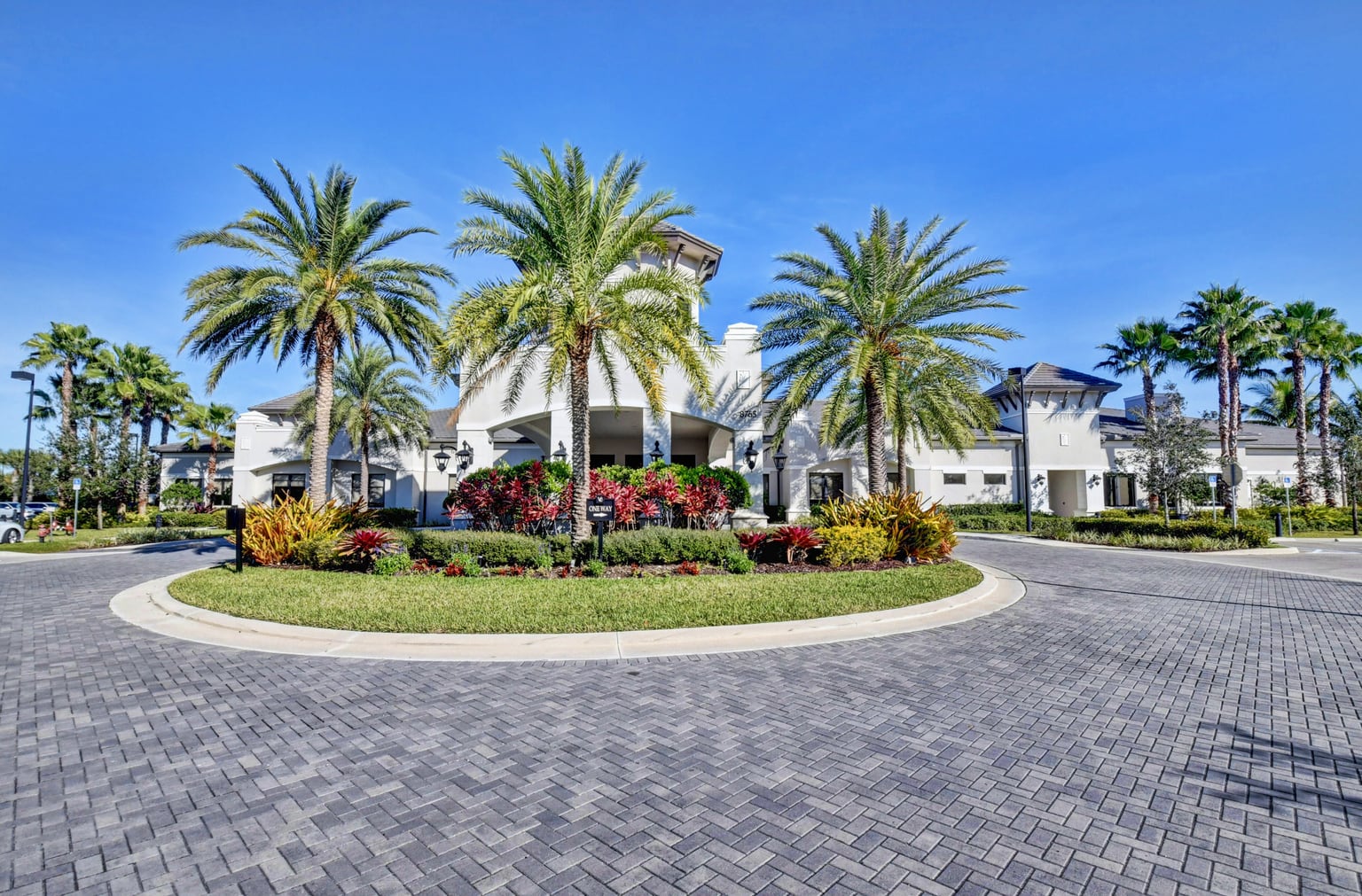 Palm-lined South Florida 55+ community entrance with homes and landscaped grounds