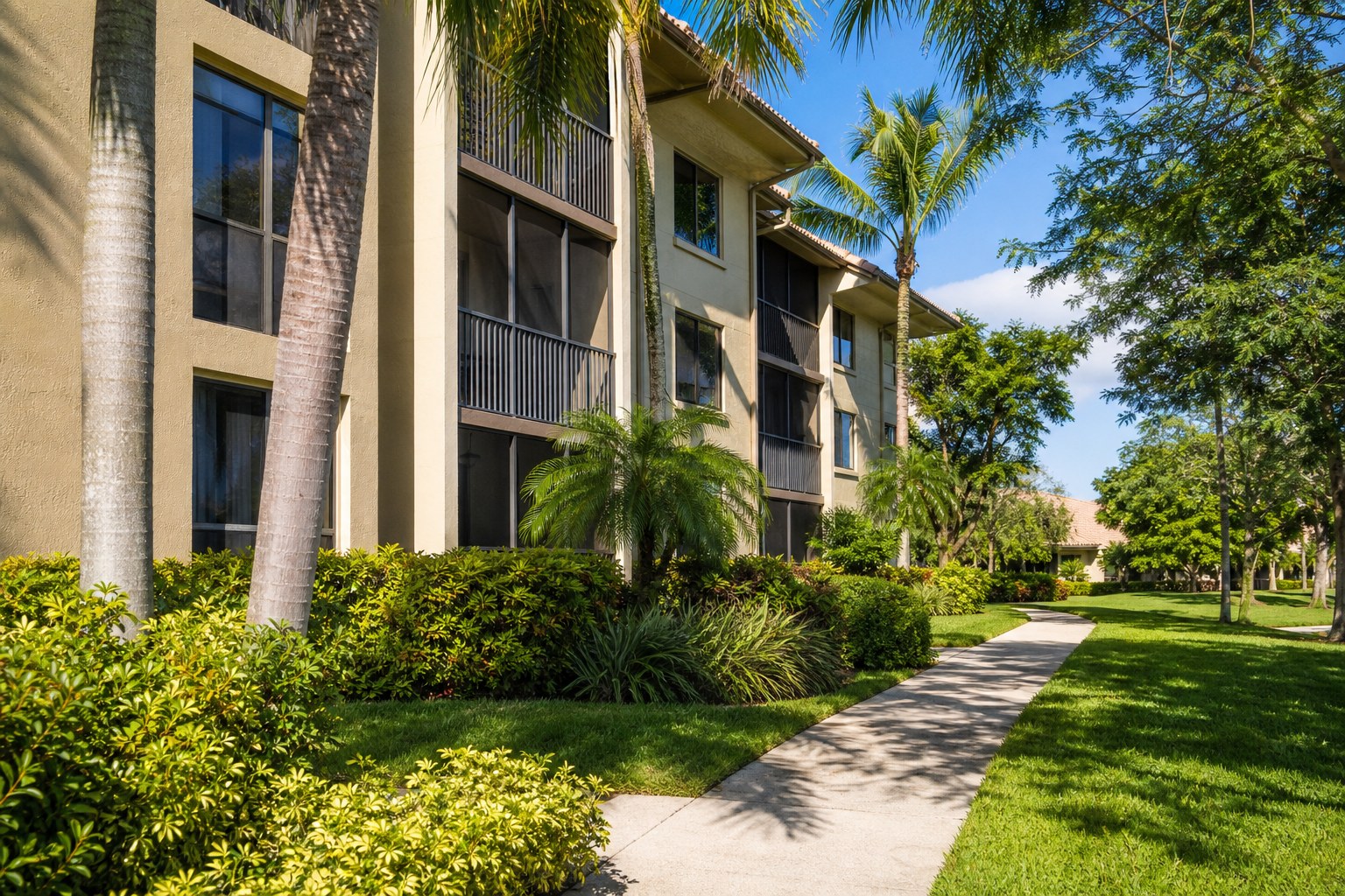 Low-rise Florida condominium building with palm trees and a landscaped walkway