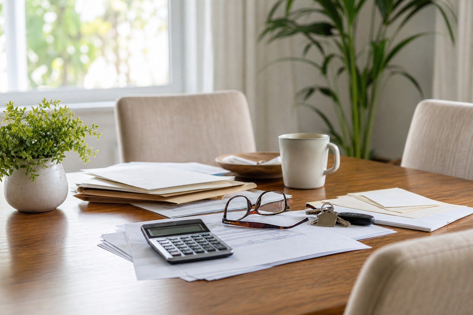 Homeownership documents, calculator, keys, and glasses arranged on a table