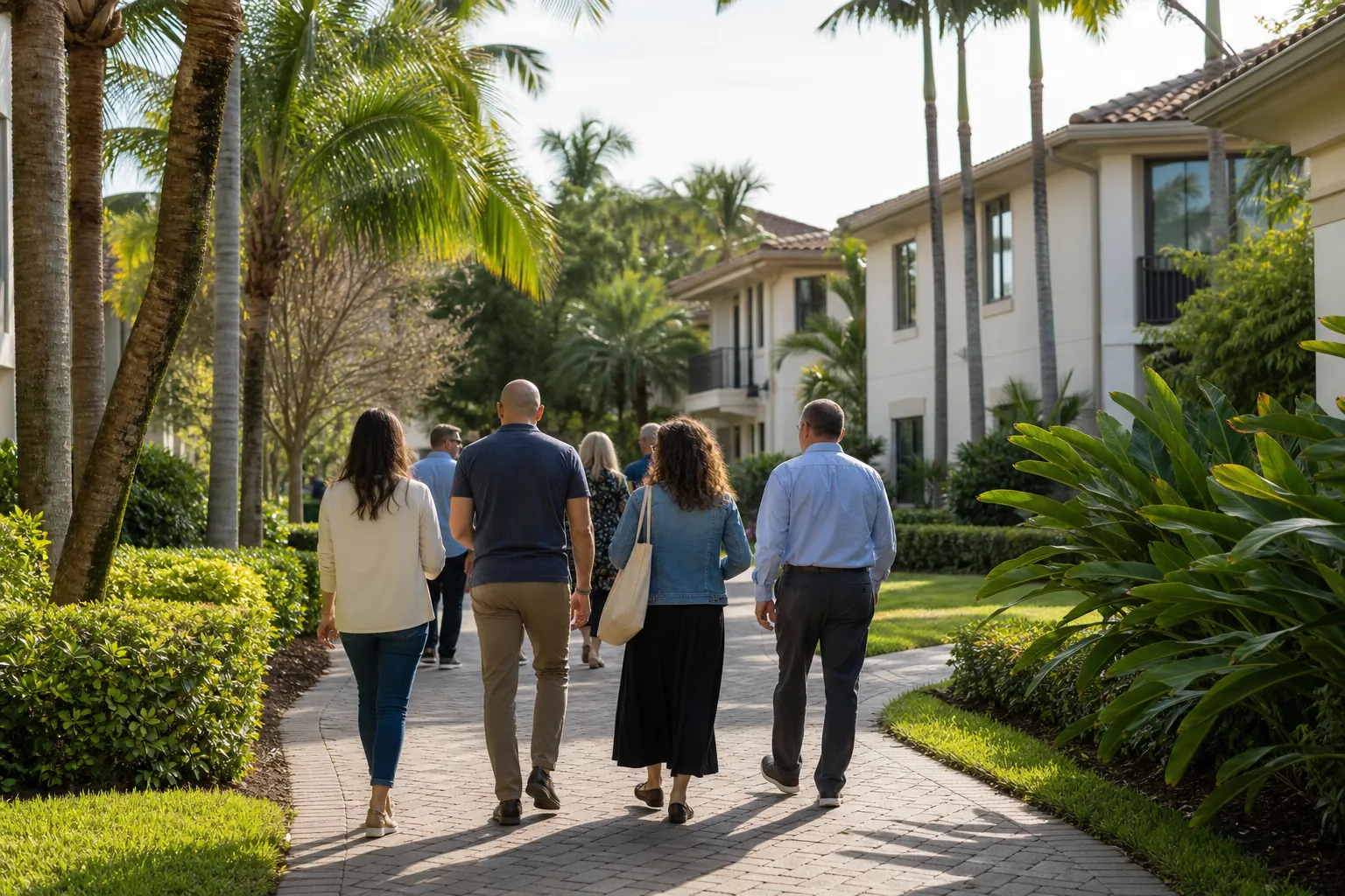 Illustrative South Florida community walkway with adults arriving together
