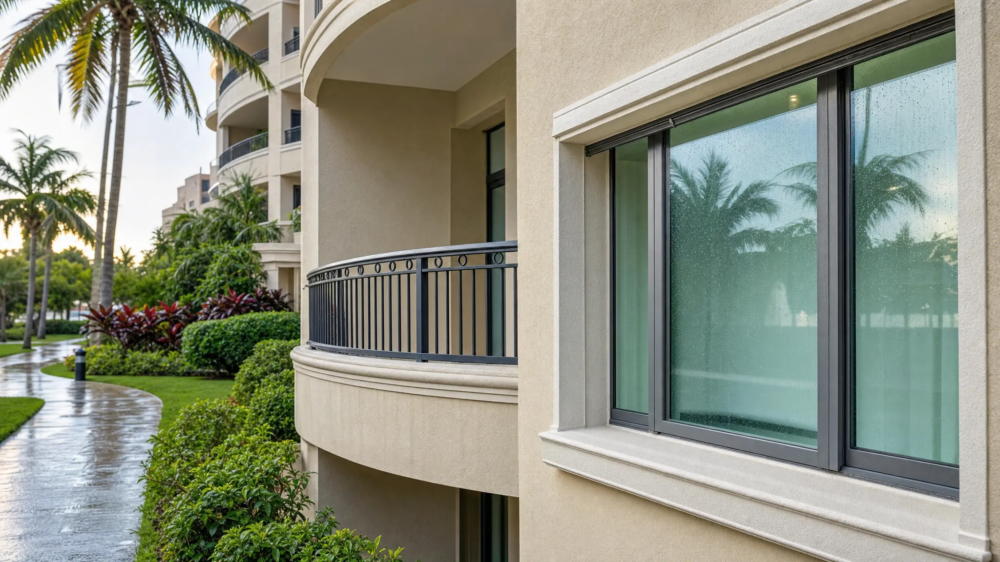 Florida condominium balcony, impact-rated window, and landscaped grounds after rain