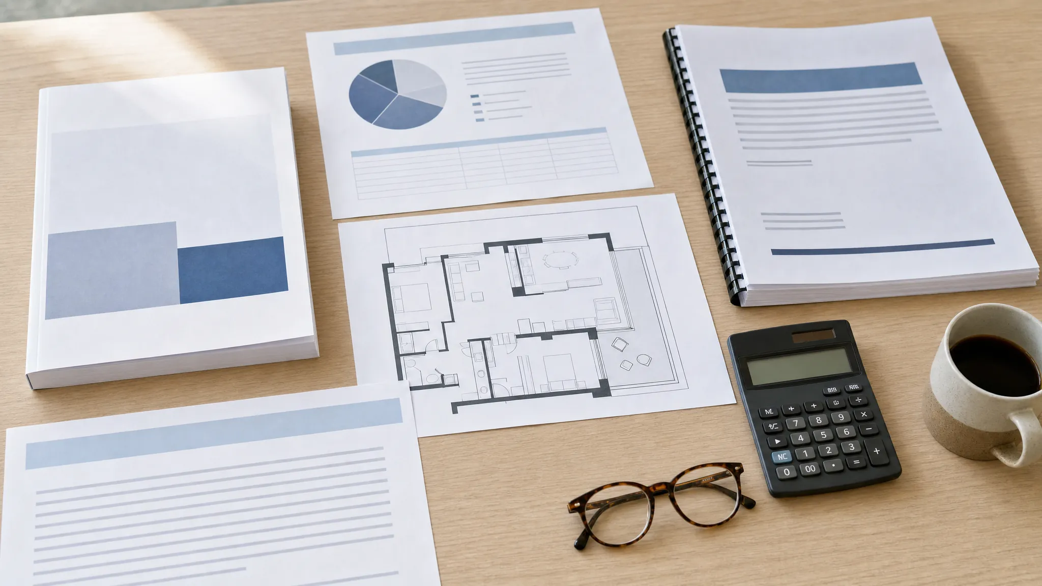 Association papers, condominium floor plan, calculator, and glasses arranged for review
