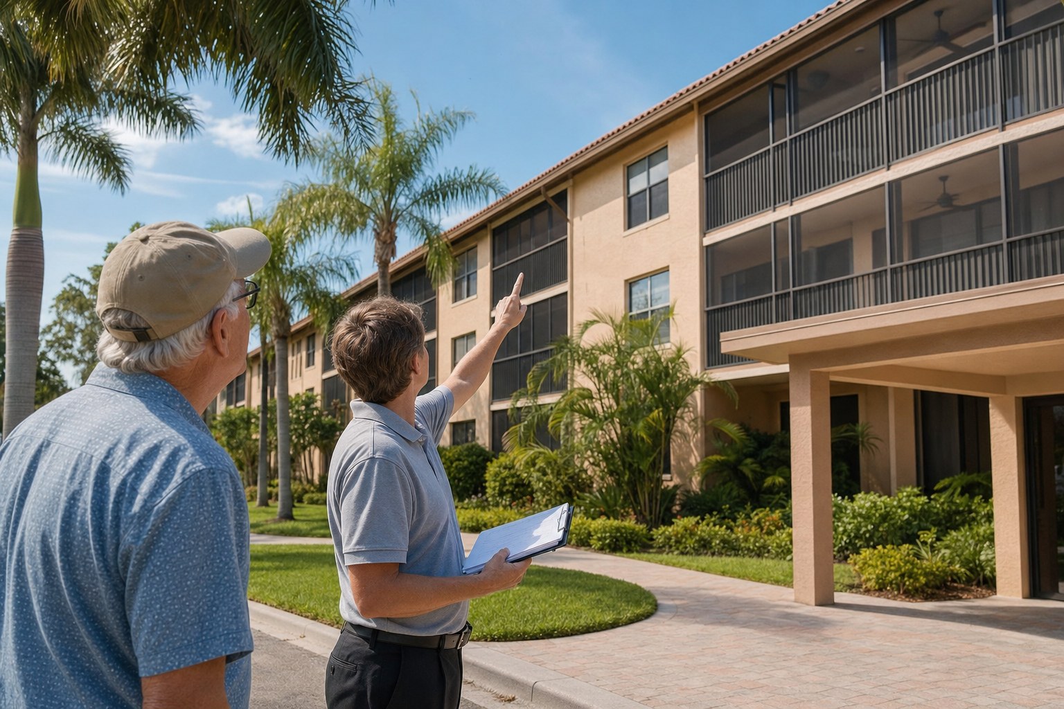 Buyer and inspector reviewing the exterior of a South Florida condominium building