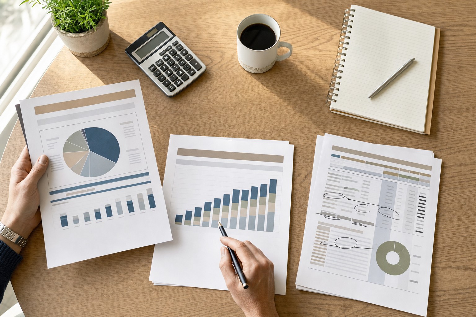 Condominium budget papers, calculator, notebook, and coffee arranged for review