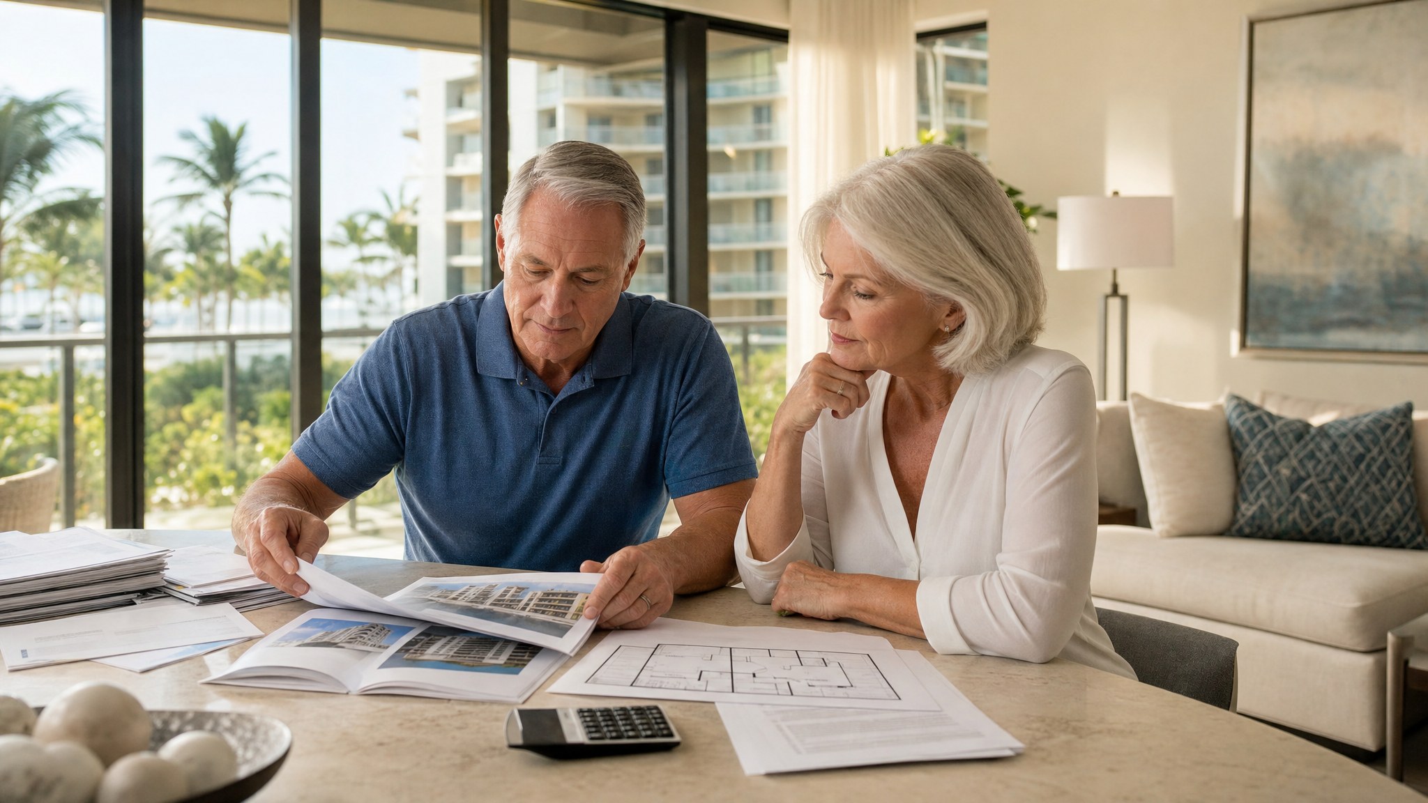 Couple reviewing condominium papers and a floor plan in a bright South Florida home