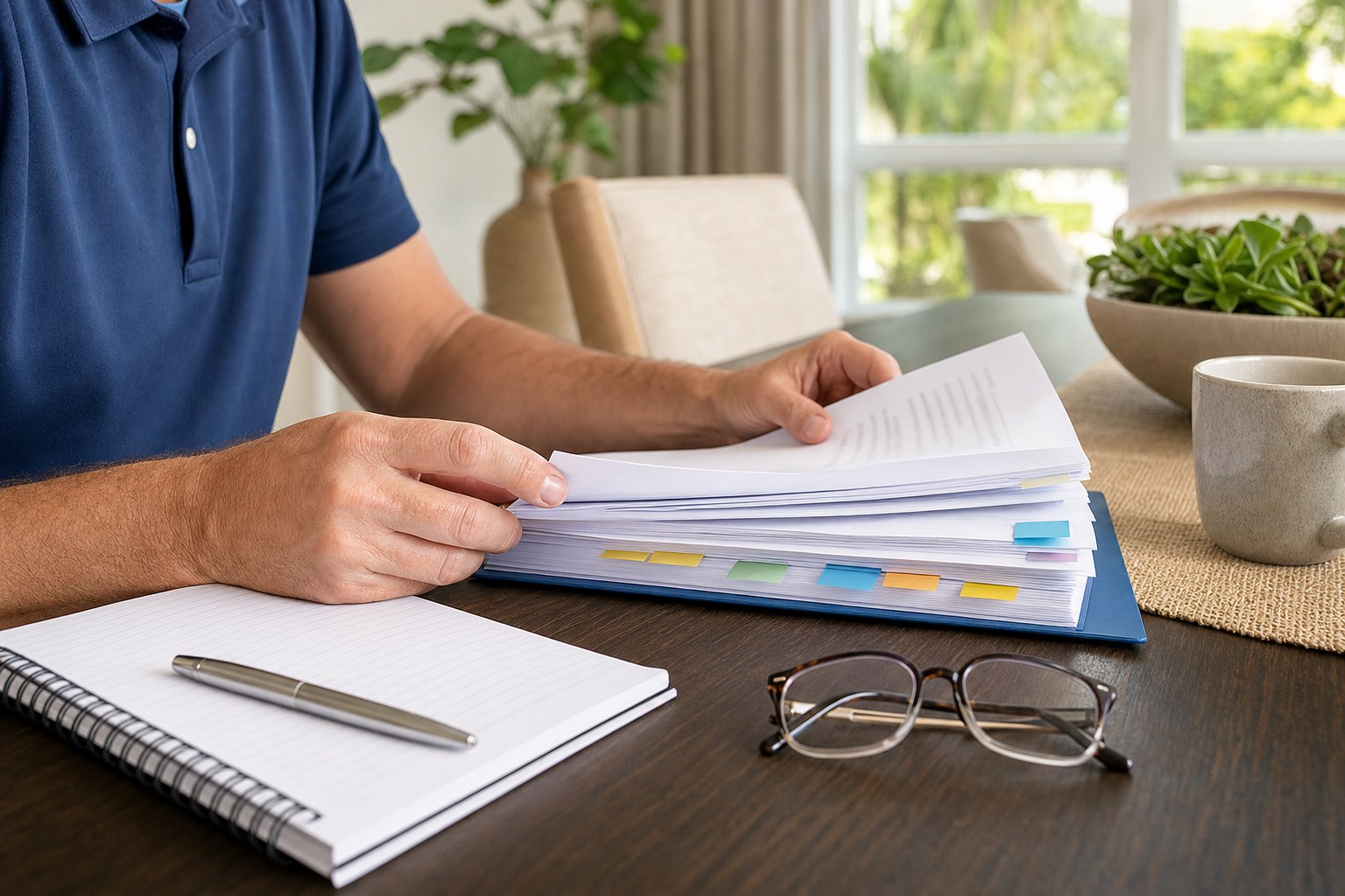 Buyer reviewing tabbed condominium rules and association documents at a table