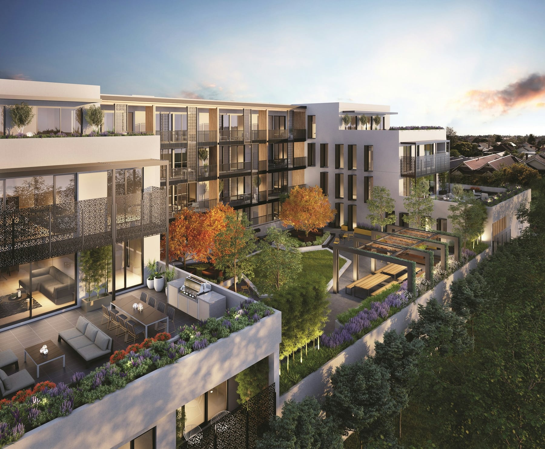 Modern multi-unit condominium building and landscaped shared courtyard