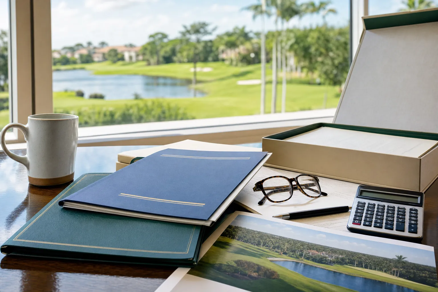 Membership papers, association documents, calculator, and glasses set beside a golf community view