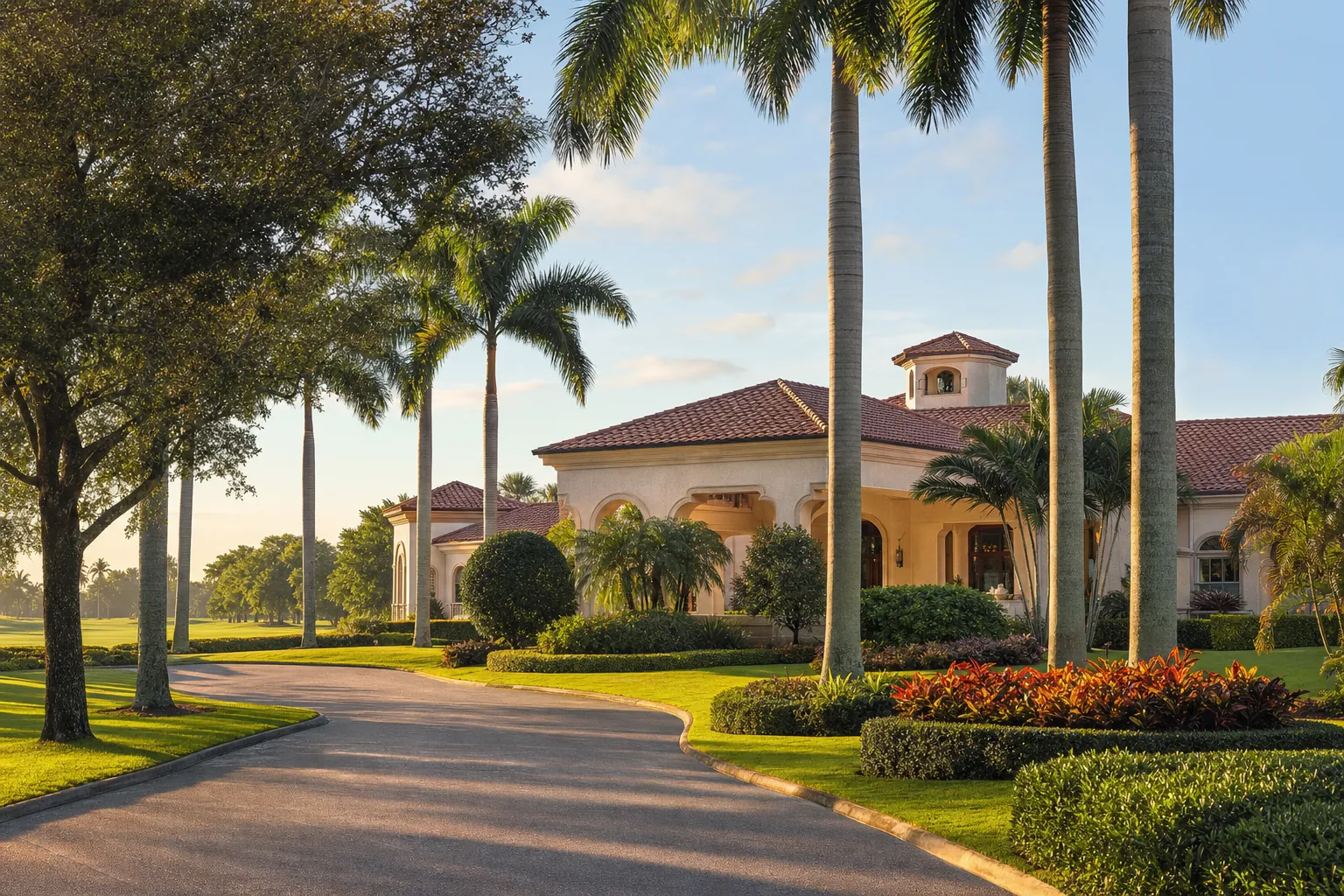 Palm-lined entrance to a South Florida country club community