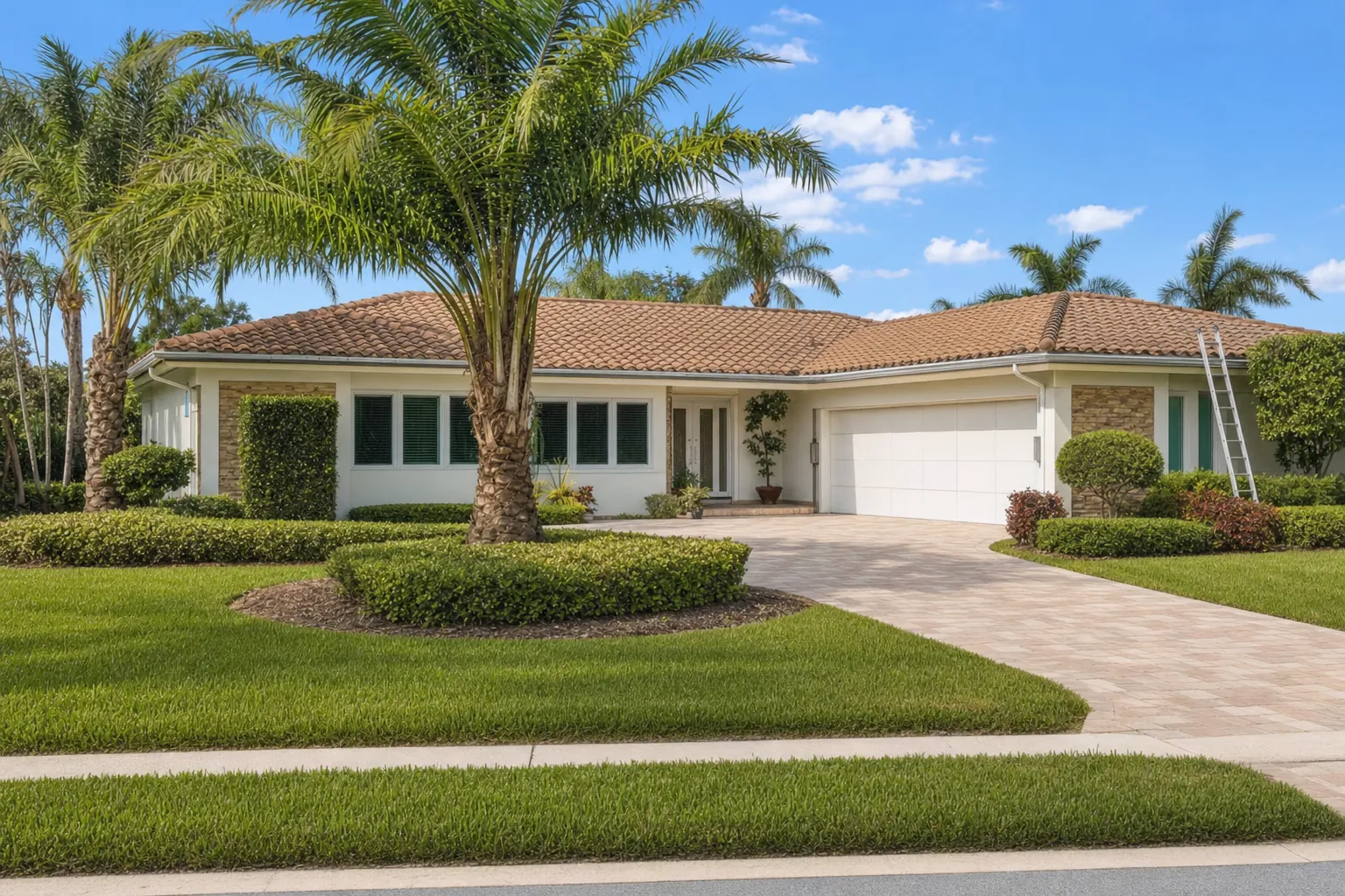 South Florida golf community home with impact windows and an inspection ladder