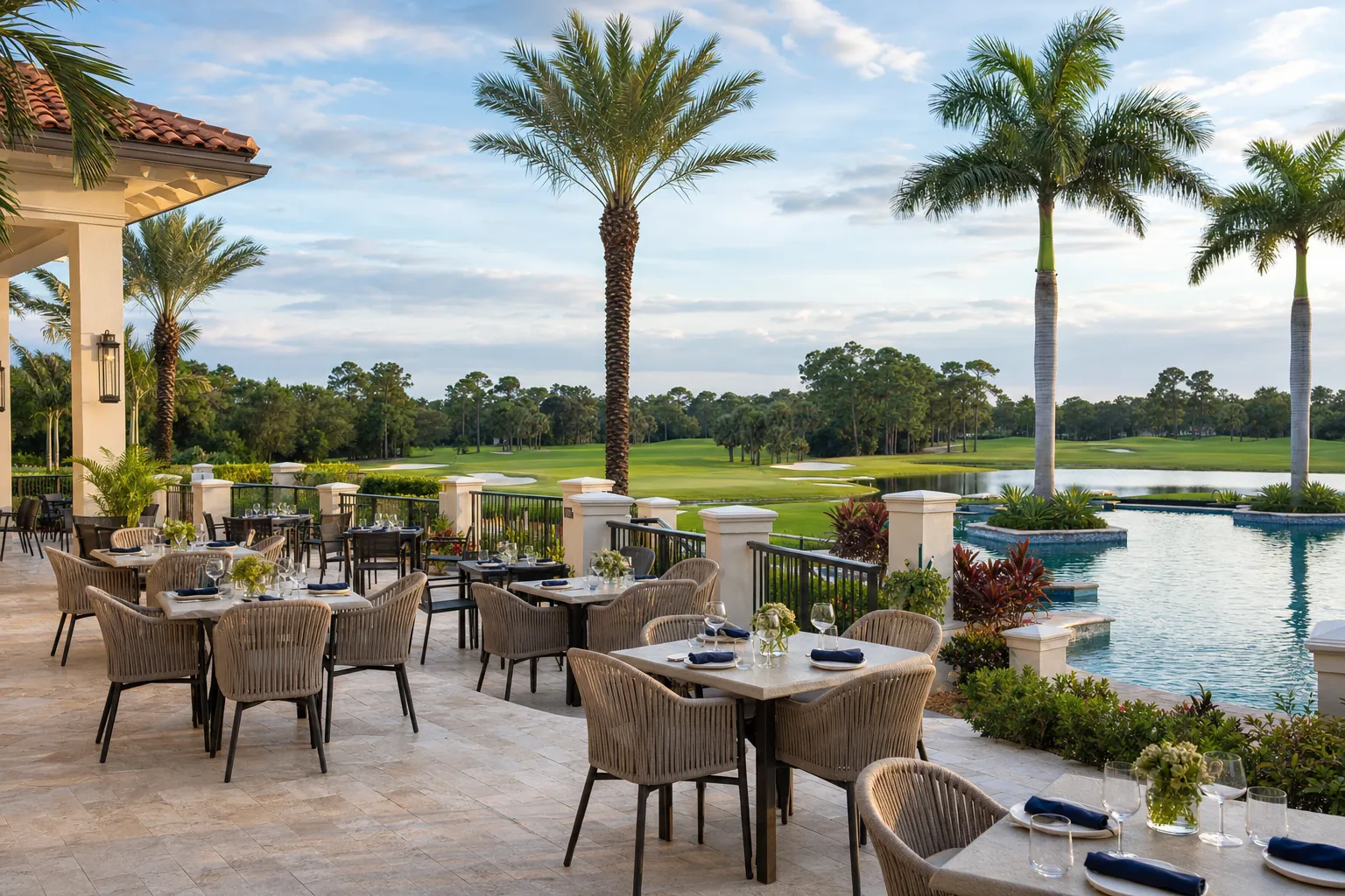 Country club terrace and pool overlooking a South Florida golf course