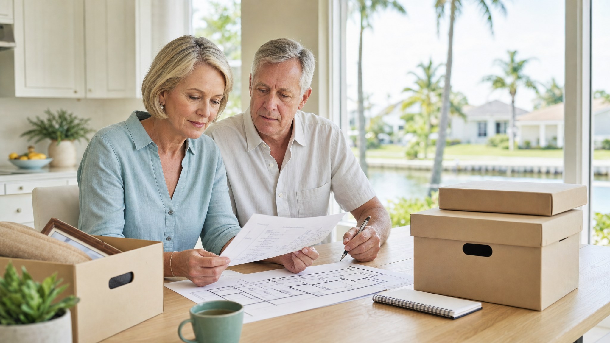 Older couple reviewing a moving plan and floor plan in a bright South Florida home