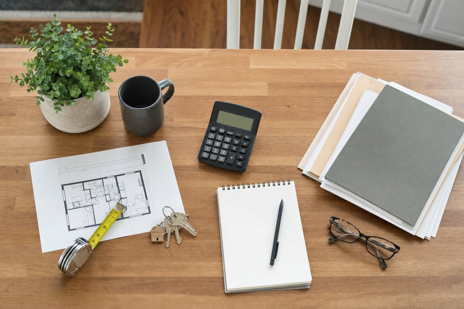 Calculator, floor plan, measuring tape, and home folders arranged for a cost comparison