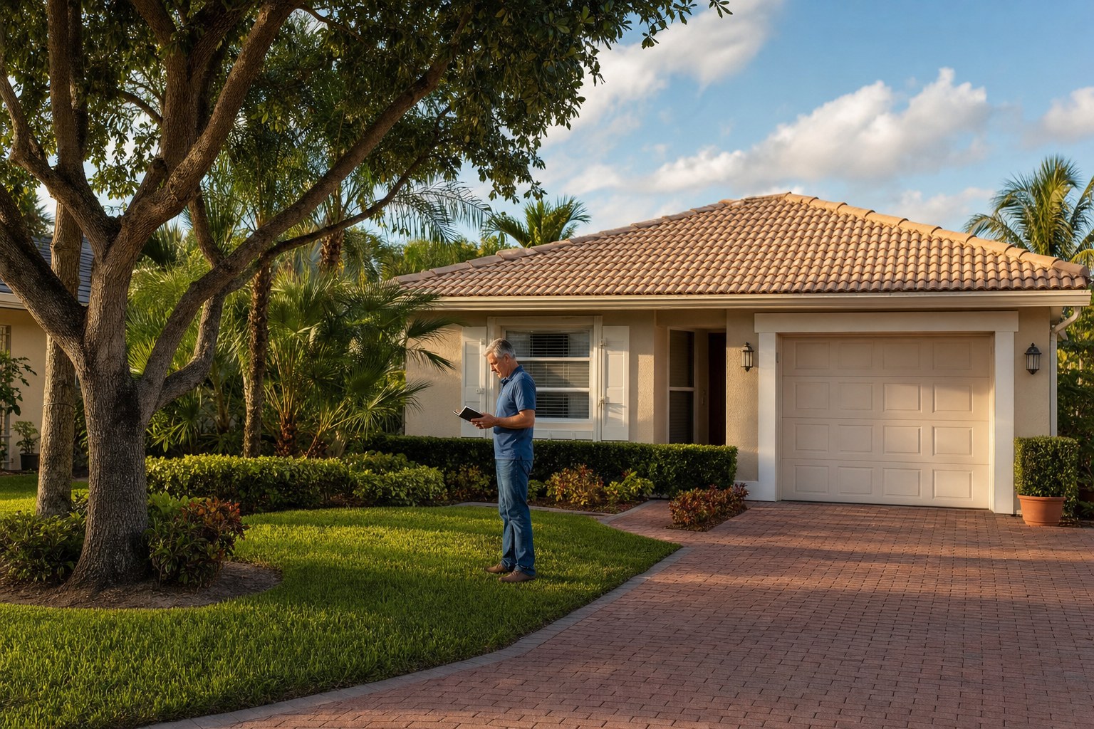 Homeowner reviewing maintenance notes outside a South Florida single-family home