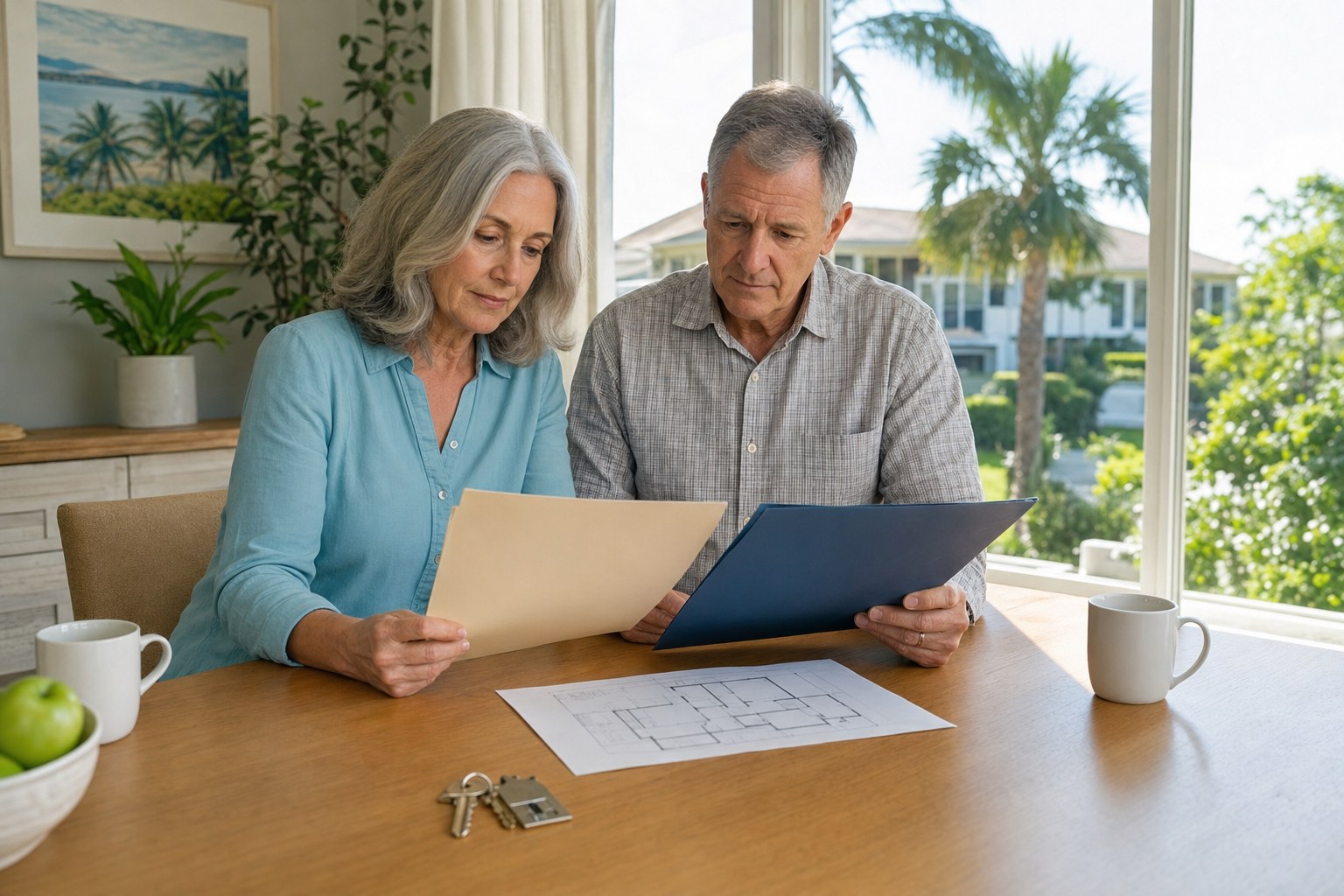 Couple comparing household budgets and a floor plan at a South Florida home