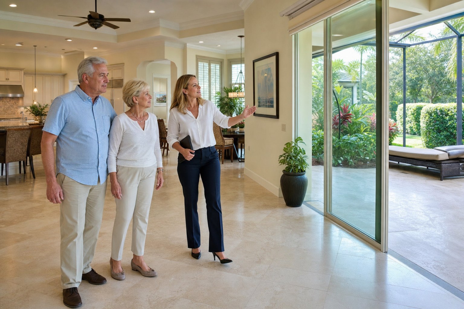 Couple and real estate professional reviewing the layout of a South Florida villa