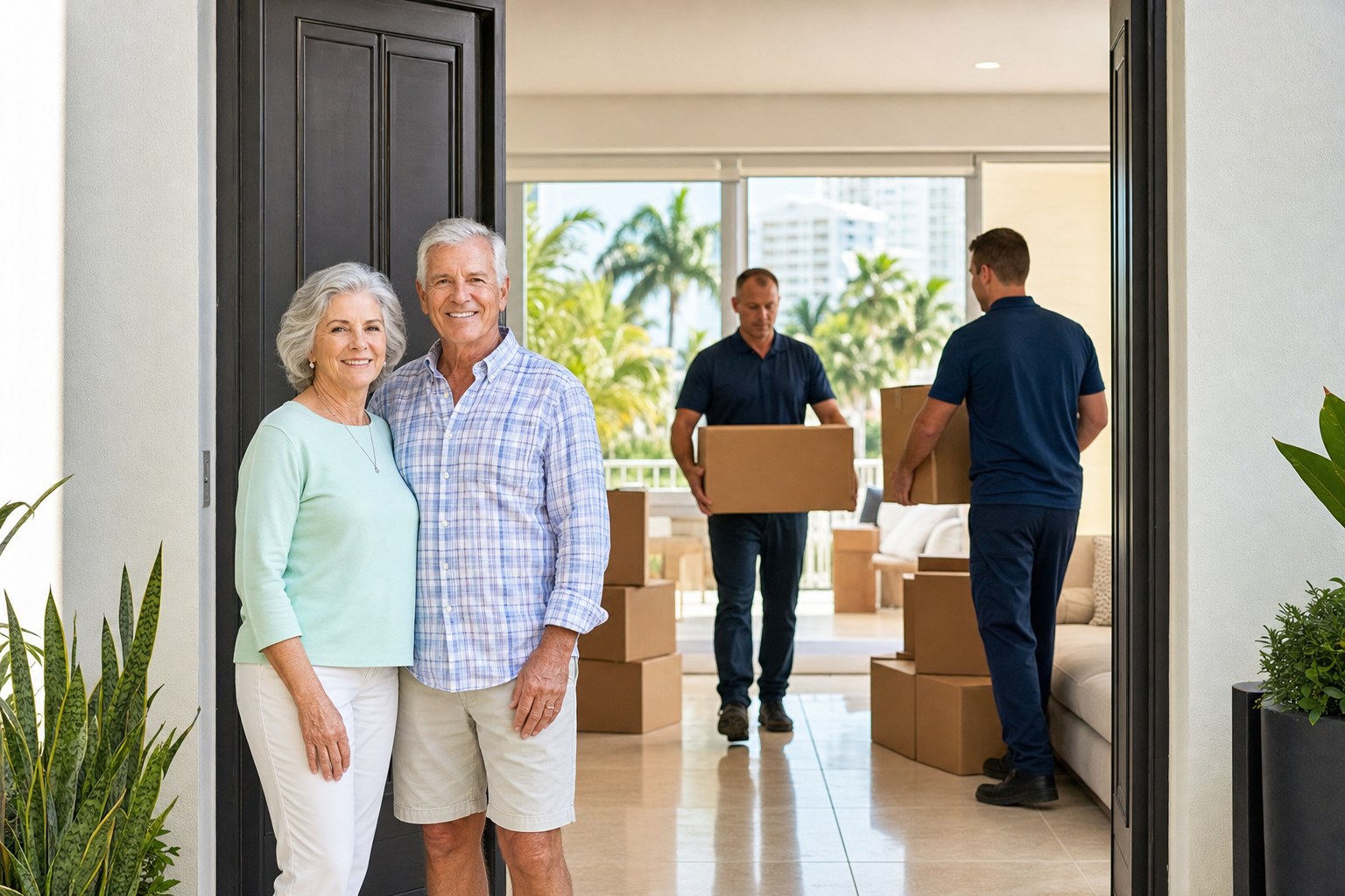 Older couple at the doorway of a South Florida condominium while movers carry boxes