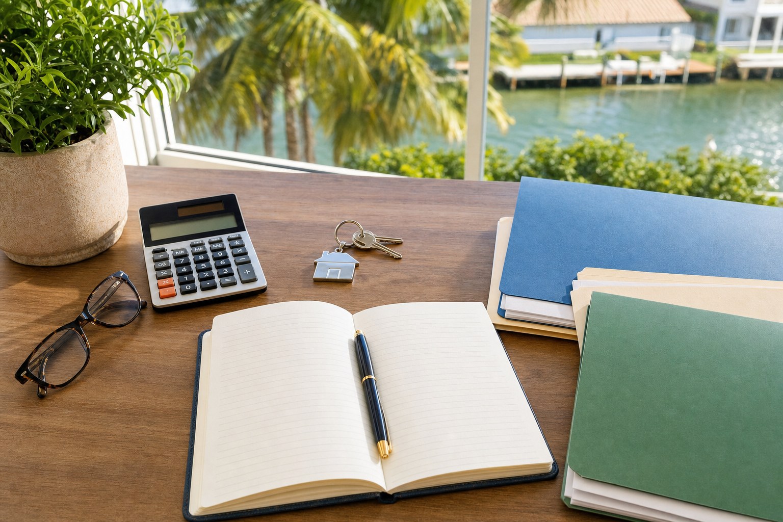 Notebook, calculator, home keys, and folders arranged for a home budget comparison