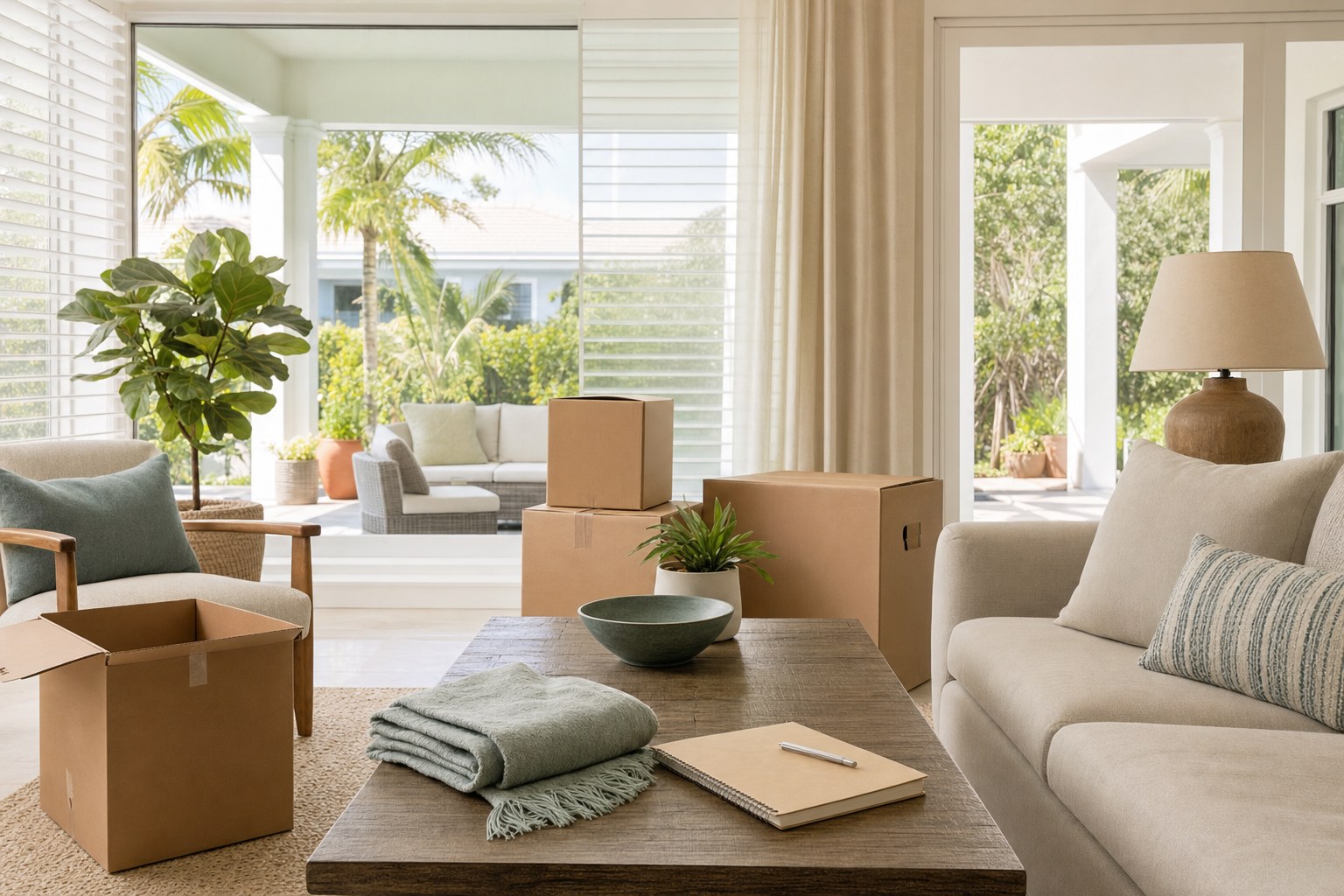 Bright South Florida living room prepared for a thoughtful move with neatly packed boxes