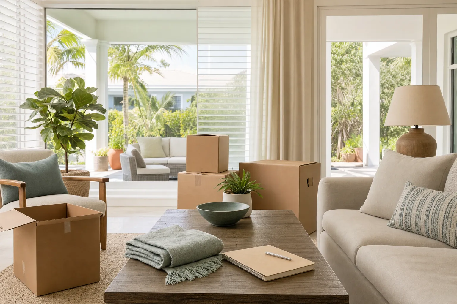 Bright South Florida living room prepared for a thoughtful move with neatly packed boxes