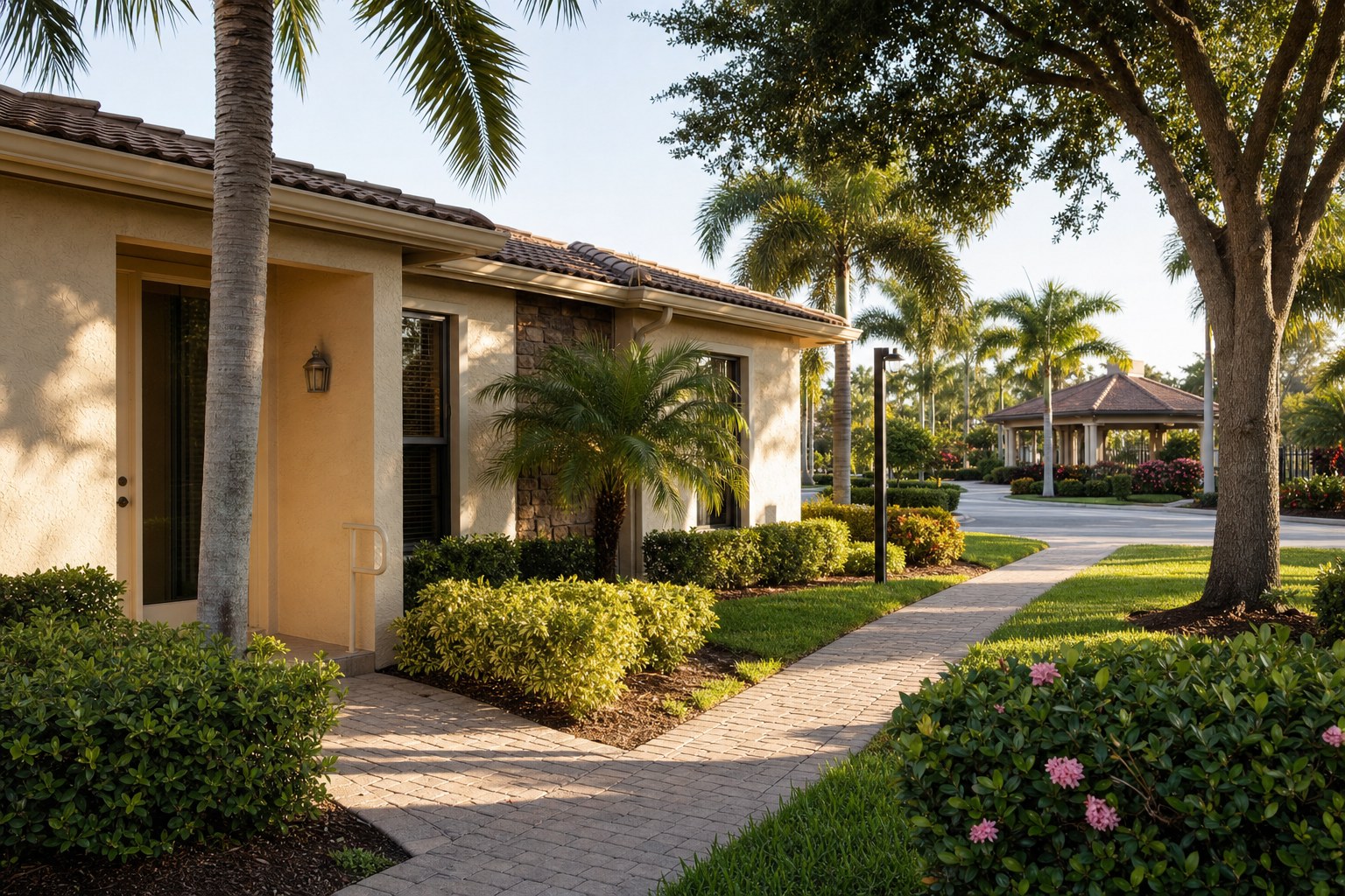Landscaped South Florida villa path leading toward a community clubhouse