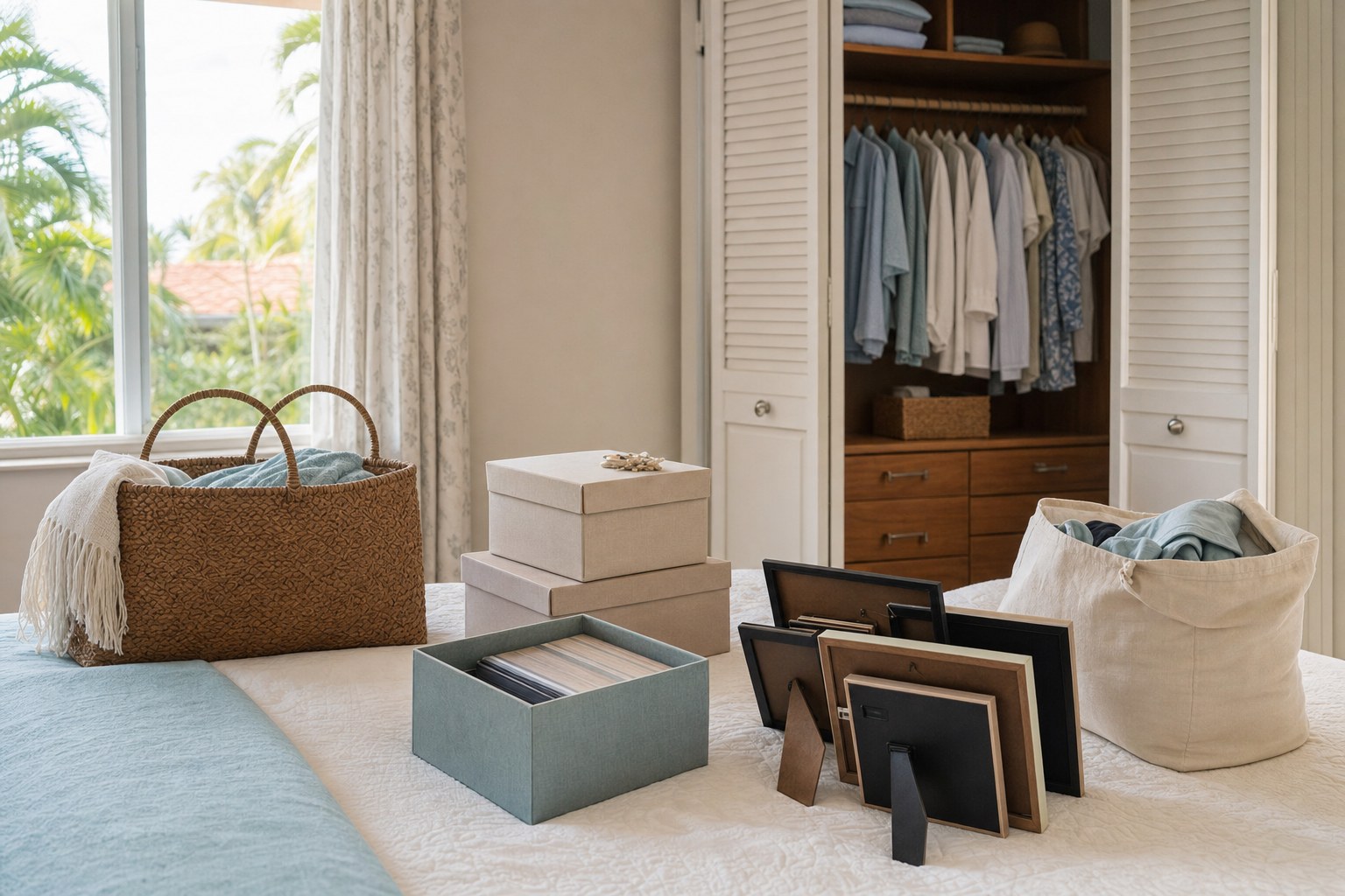Organized bedroom sorting scene with keepsake boxes, donation bag, and framed photos