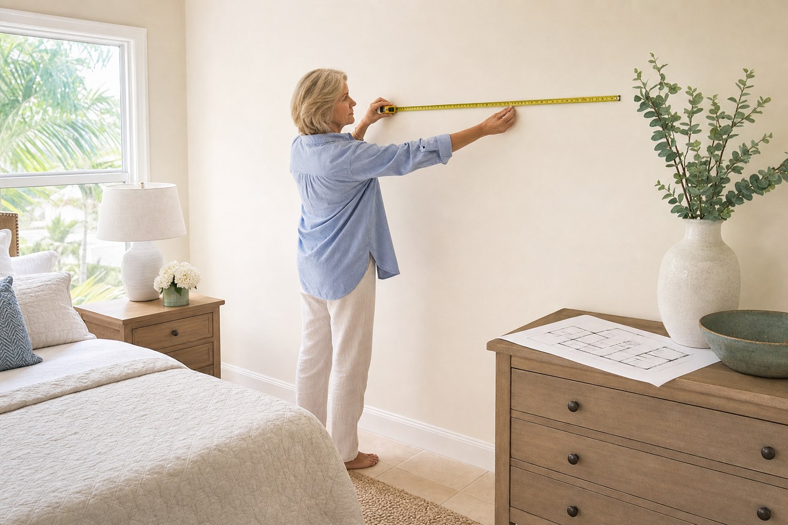 Woman measuring a bedroom wall while reviewing a floor plan for a smaller home