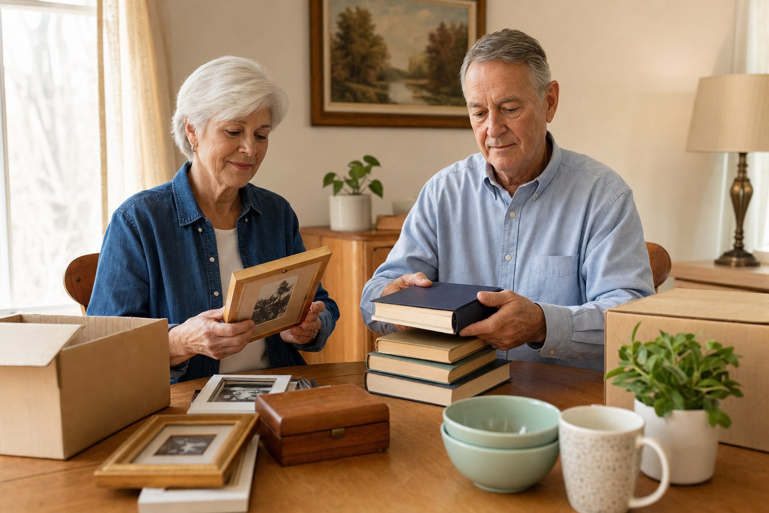 Older couple thoughtfully sorting books and family photographs at a dining table
