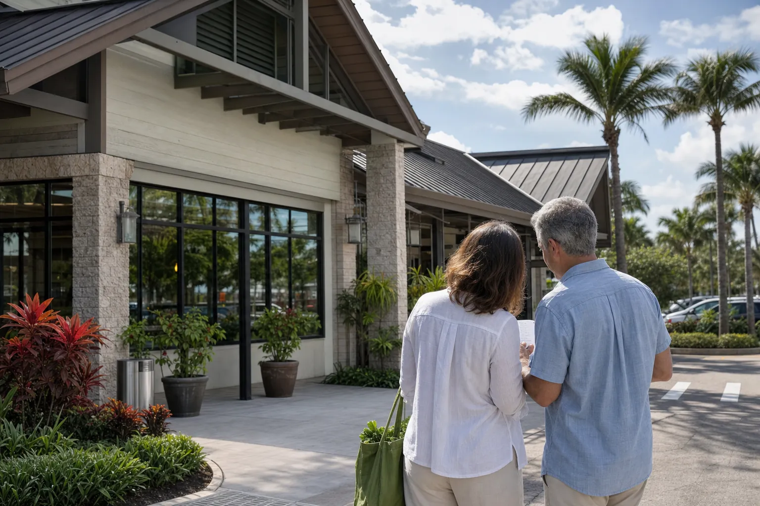 Couple planning groceries outside a palm-lined South Florida neighborhood market