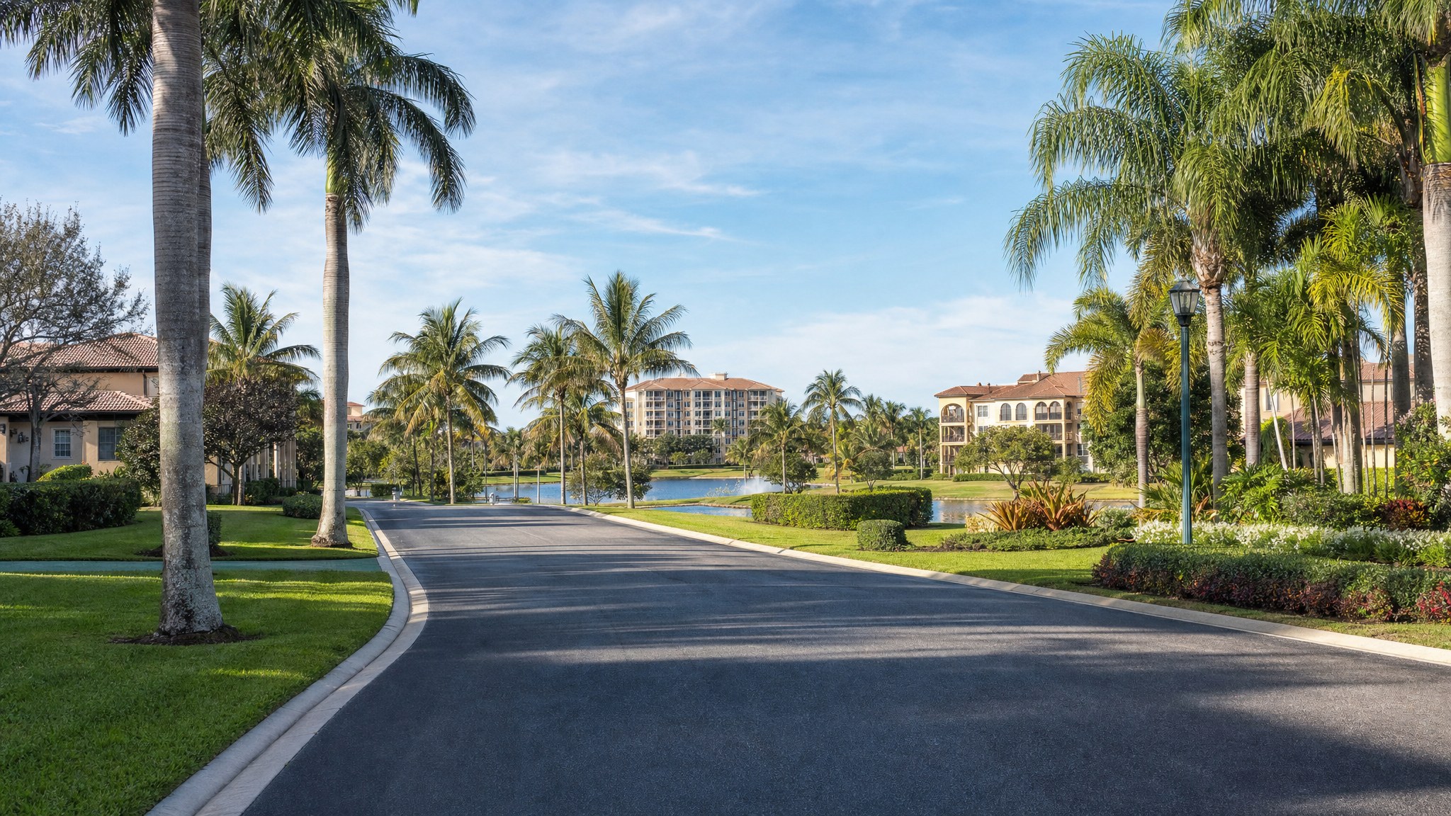 Palm-lined street and lake in a South Florida active-adult community