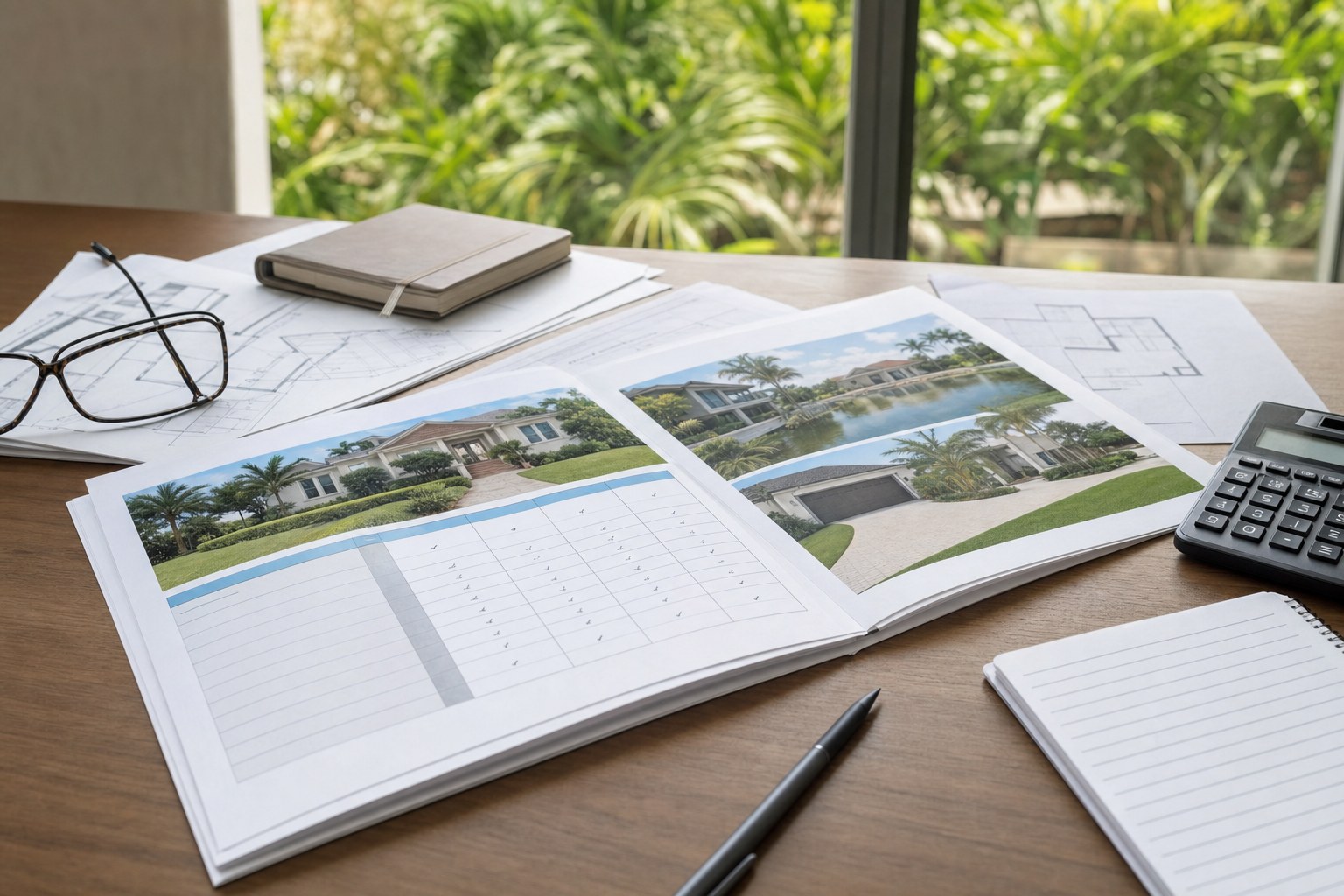 Homebuyer comparison papers, floor plans, calculator, and notebook on a table