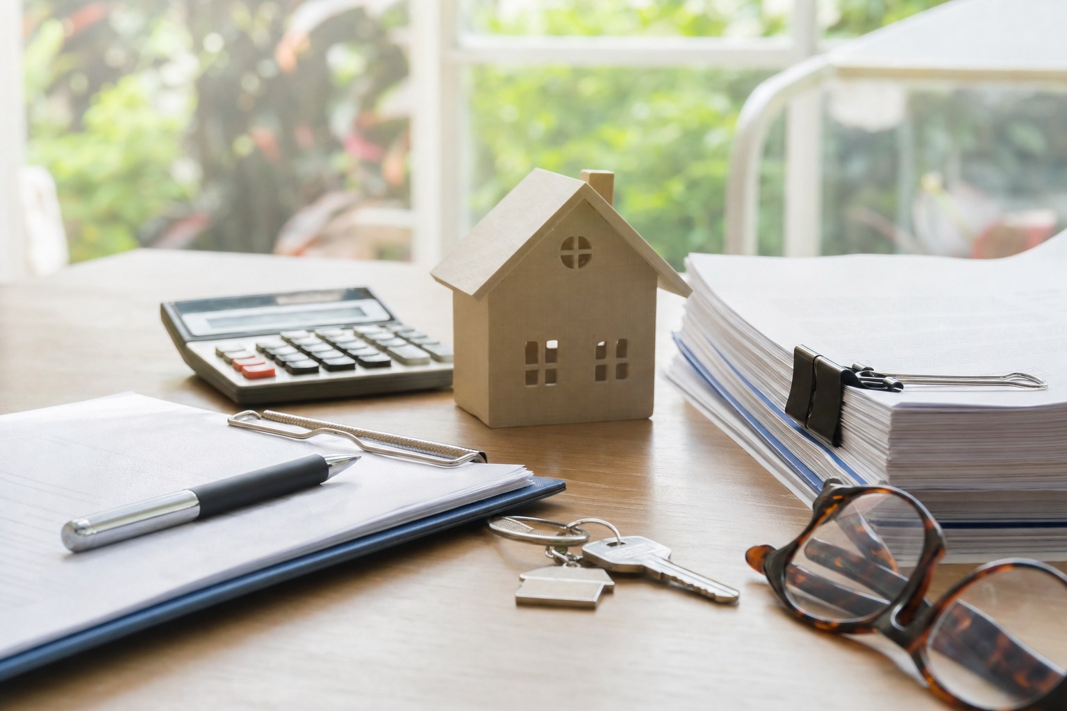 Condominium documents, calculator, keys, and reading glasses arranged for review