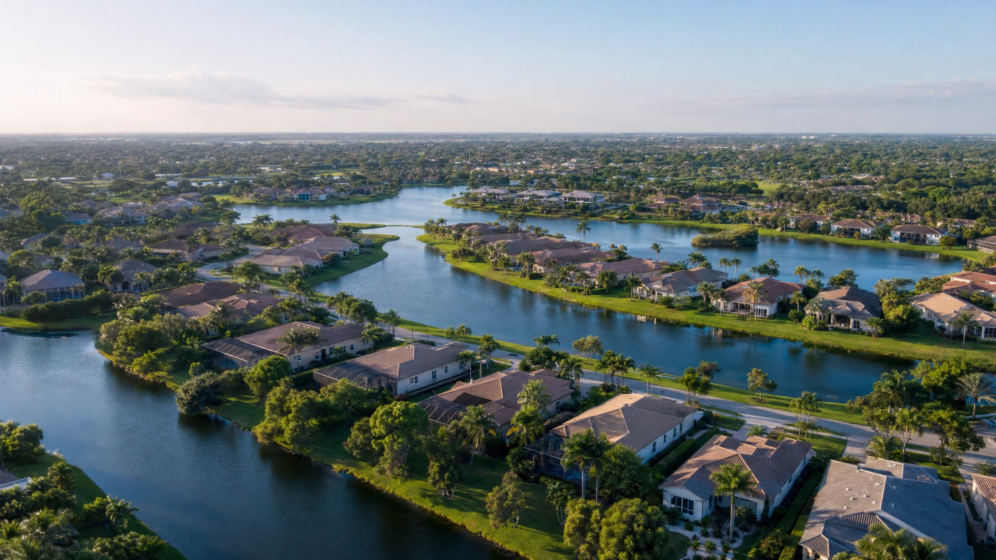 Aerial view of a Palm Beach County active-adult neighborhood with lakes and palm trees