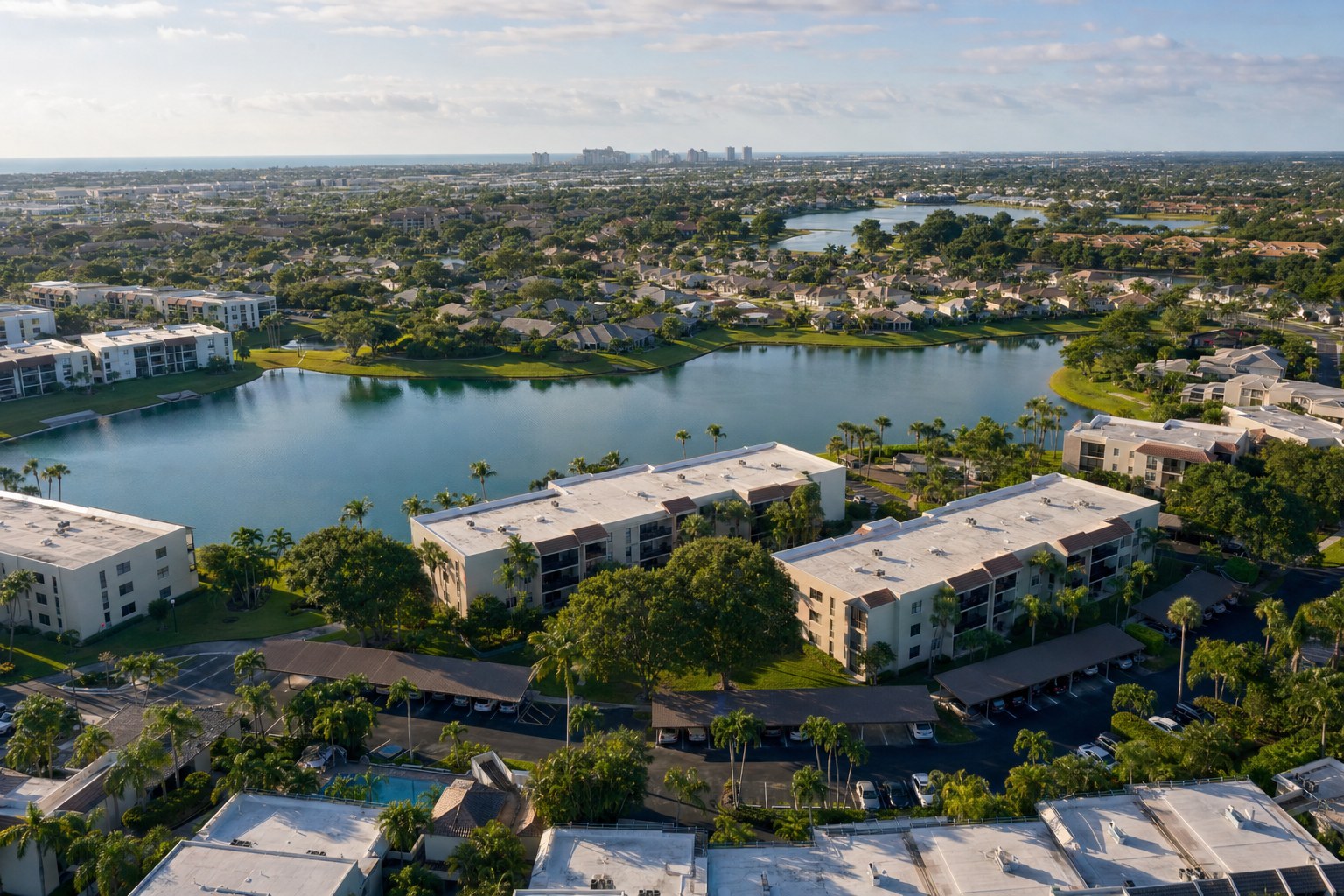 Aerial view of Palm Beach County homes and lakes near the South Florida coast