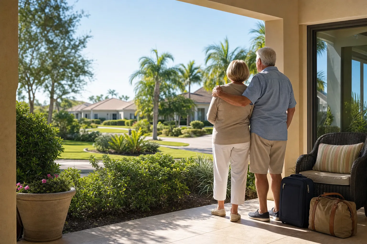 Retired couple relaxing on the patio of a low-maintenance South Florida home with travel bags nearby