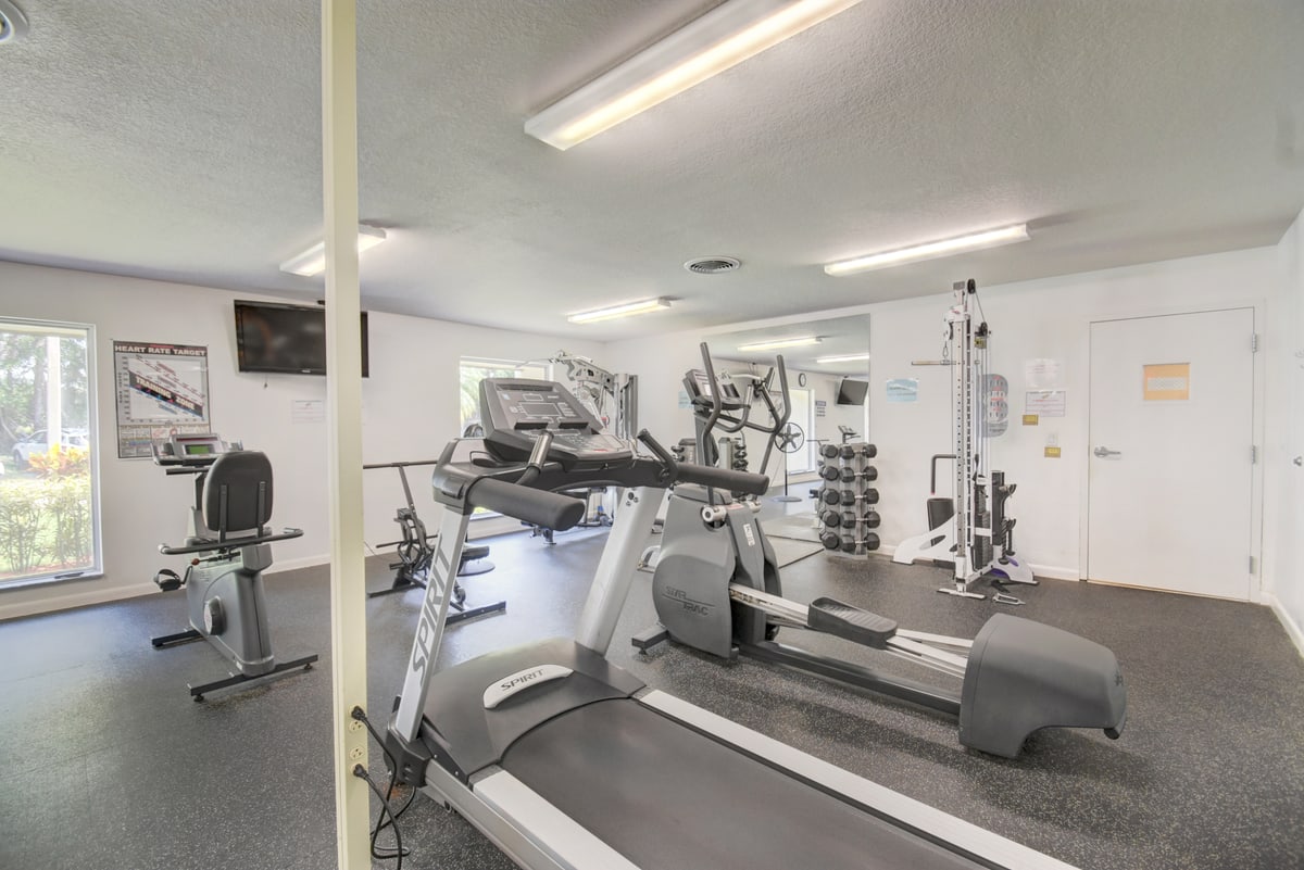 Abbey Village fitness room with exercise equipment