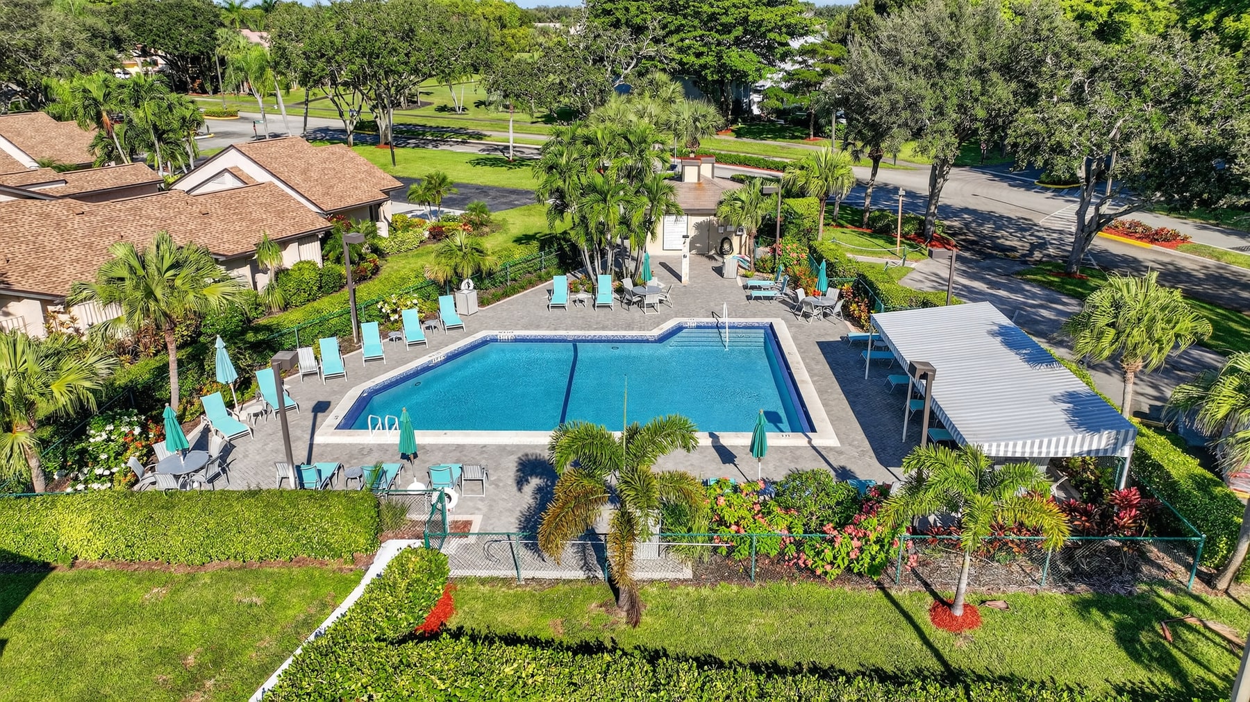 Aerial view of the pool and clubhouse at Boca Delray