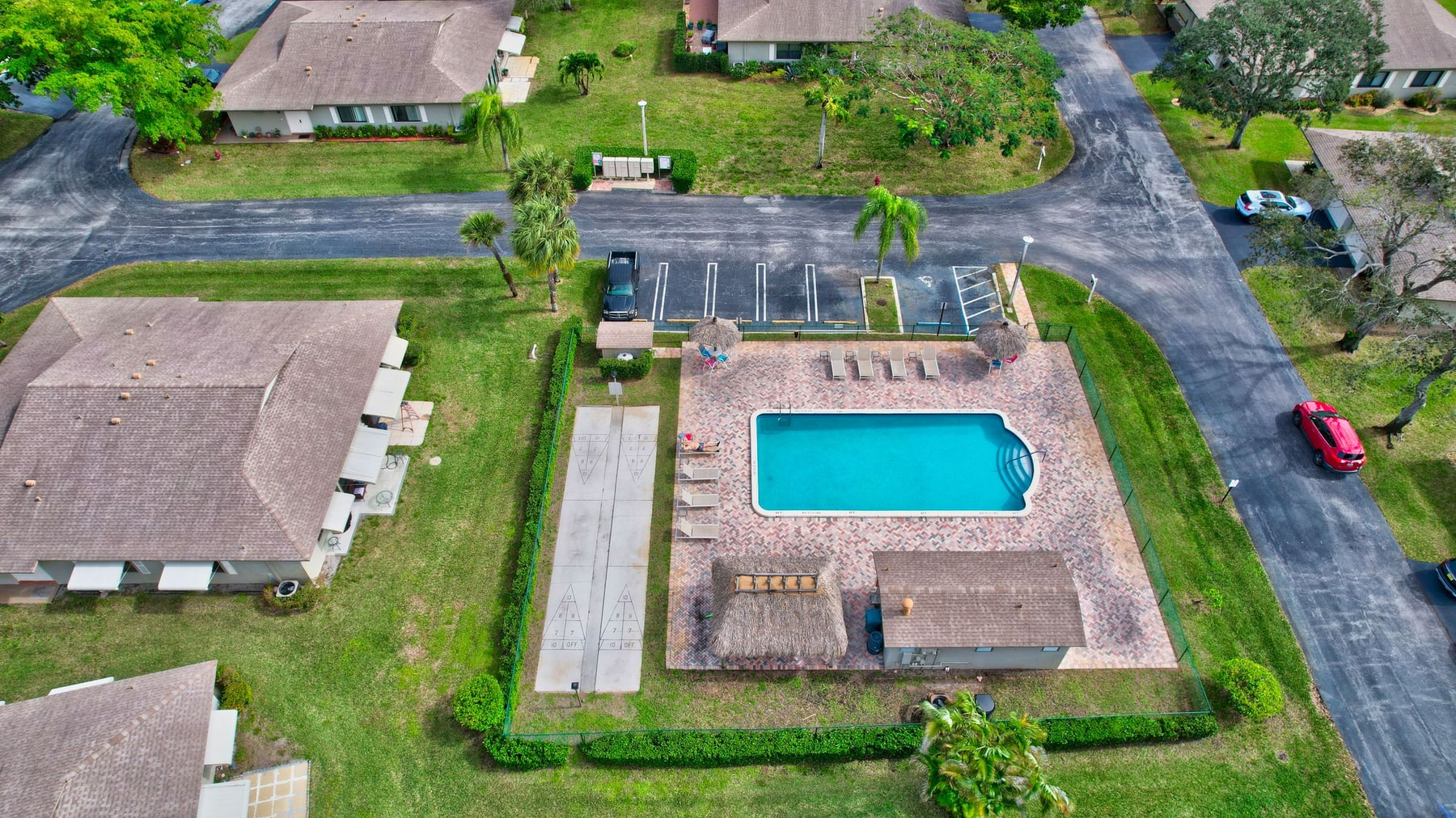Aerial view of the pool and shared amenities at Chanteclair Villas