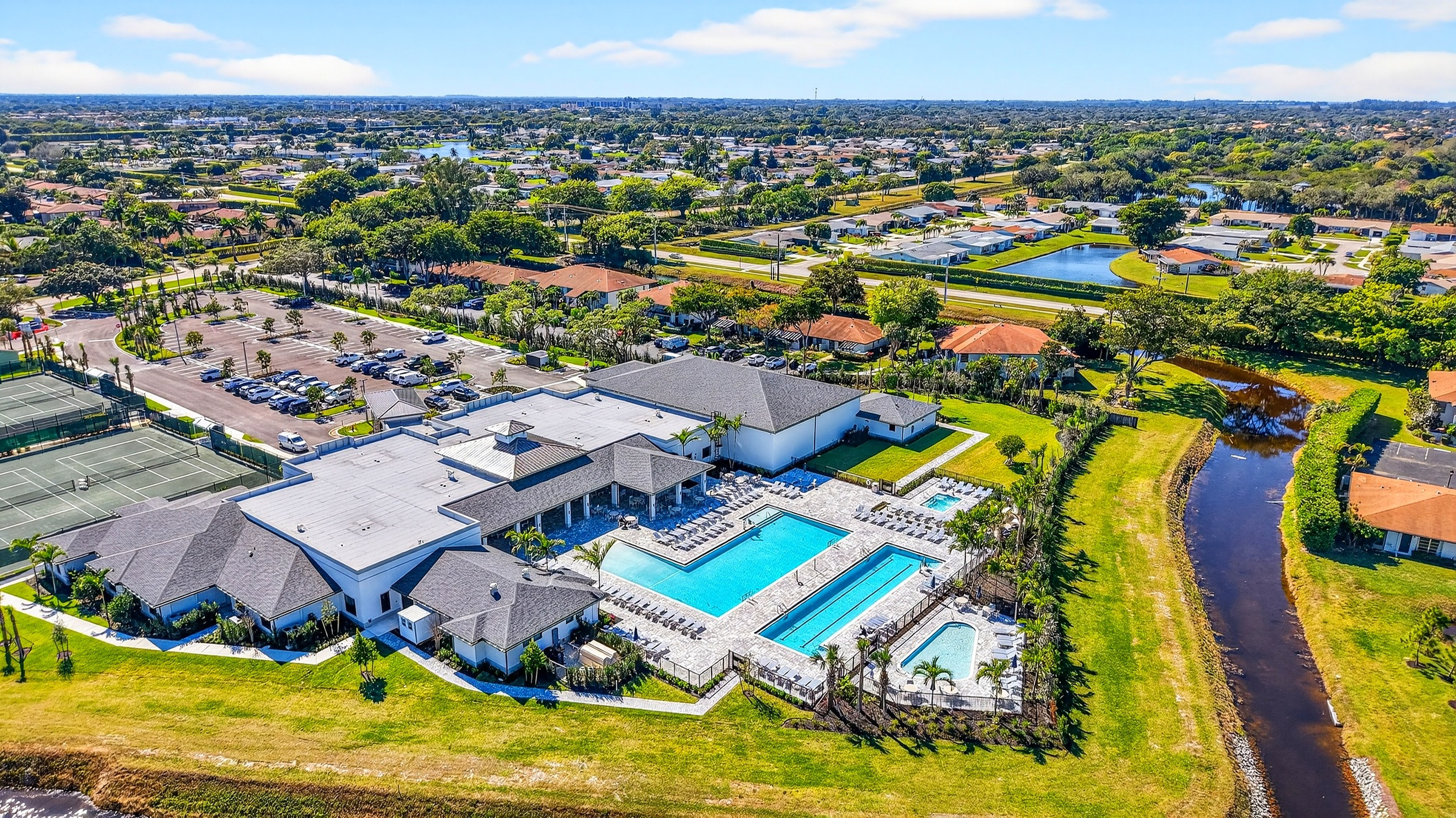 Aerial view of Delray Trails clubhouse and pool