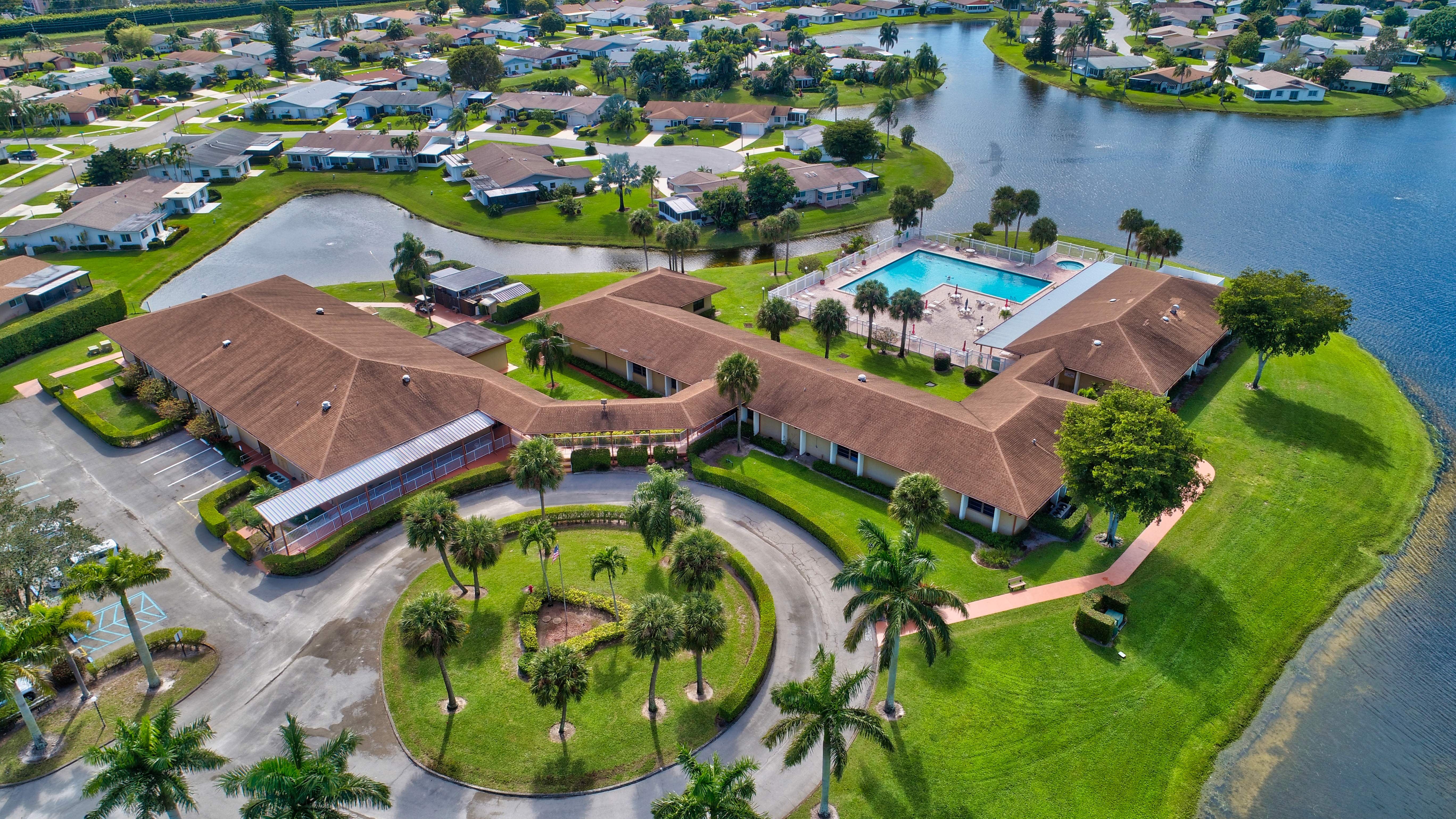 Aerial view of Delray Villas Recreation Center and pool