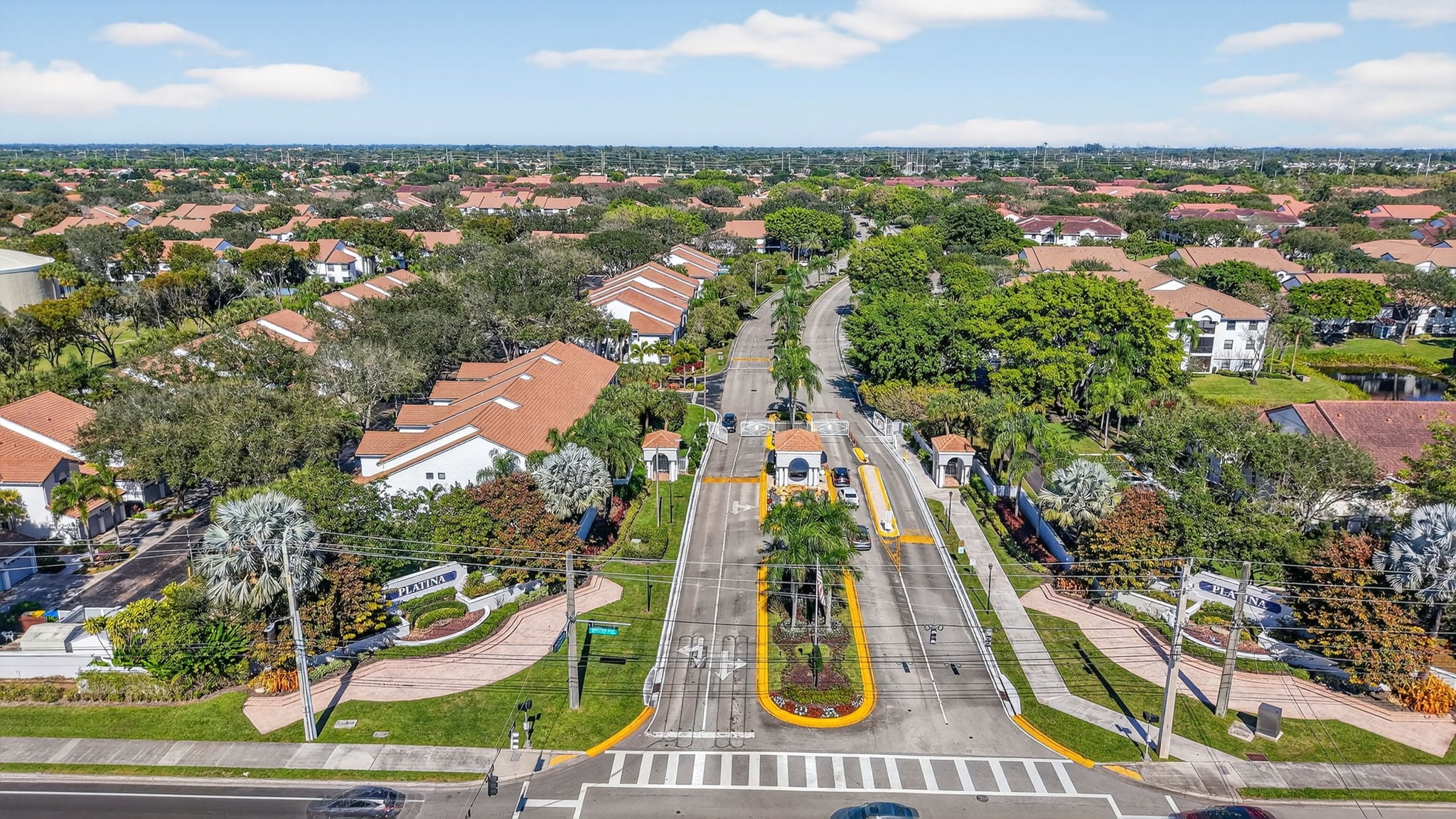 Aerial view of the Platina community entrance in Boynton Beach