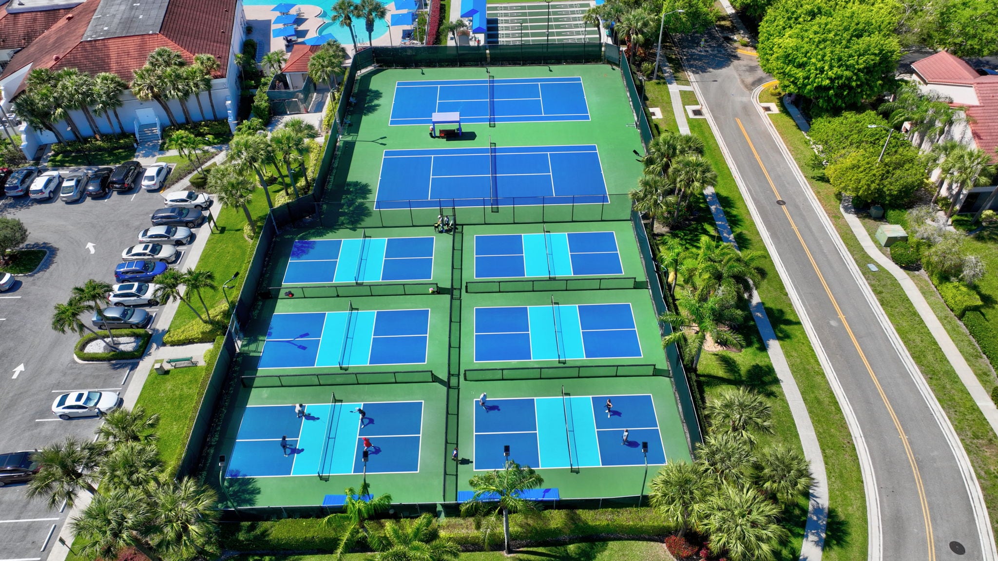 Aerial view of pickleball courts at Platina