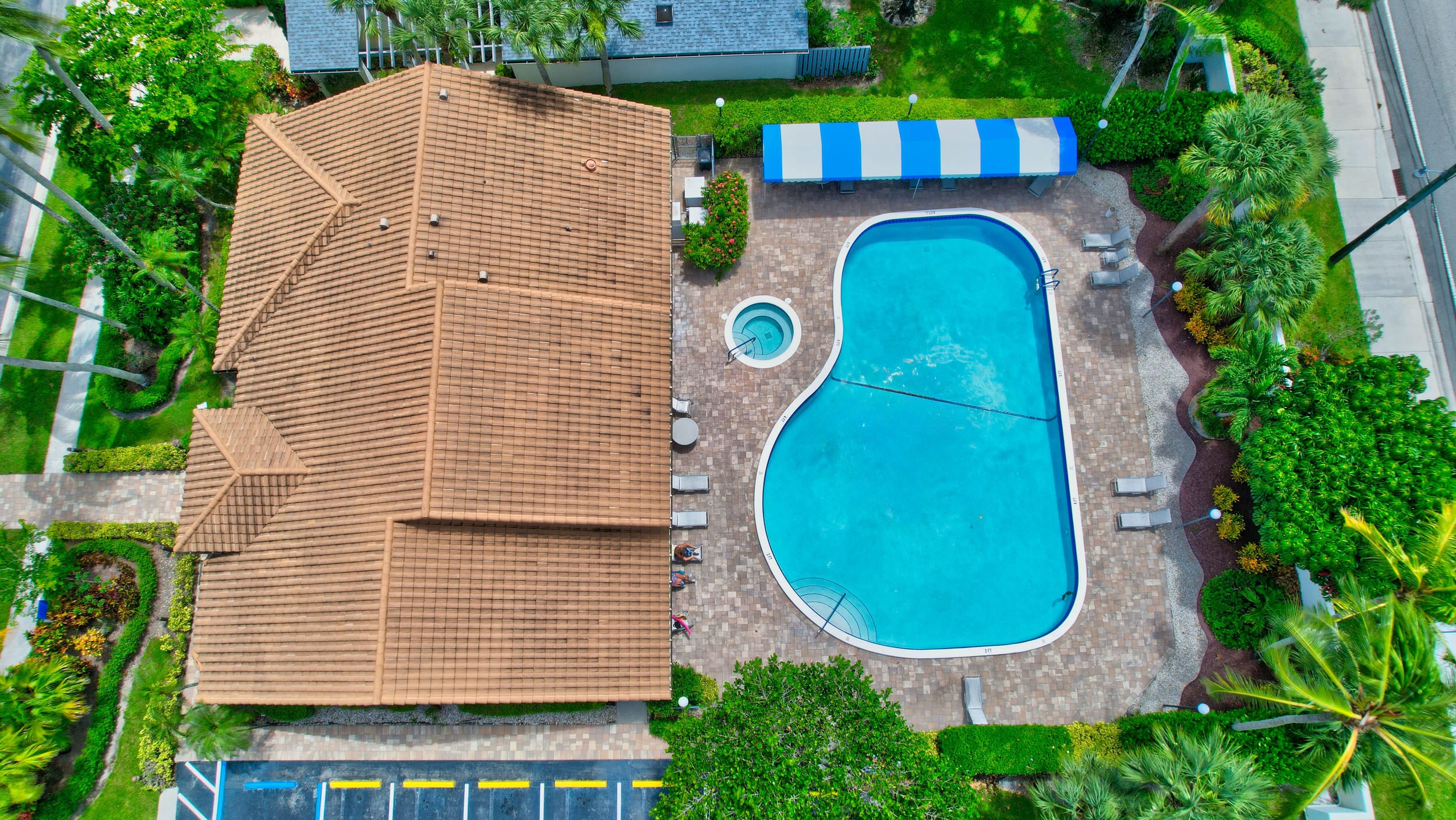 Aerial view of the Fairmont Place clubhouse and pool in Boynton Beach