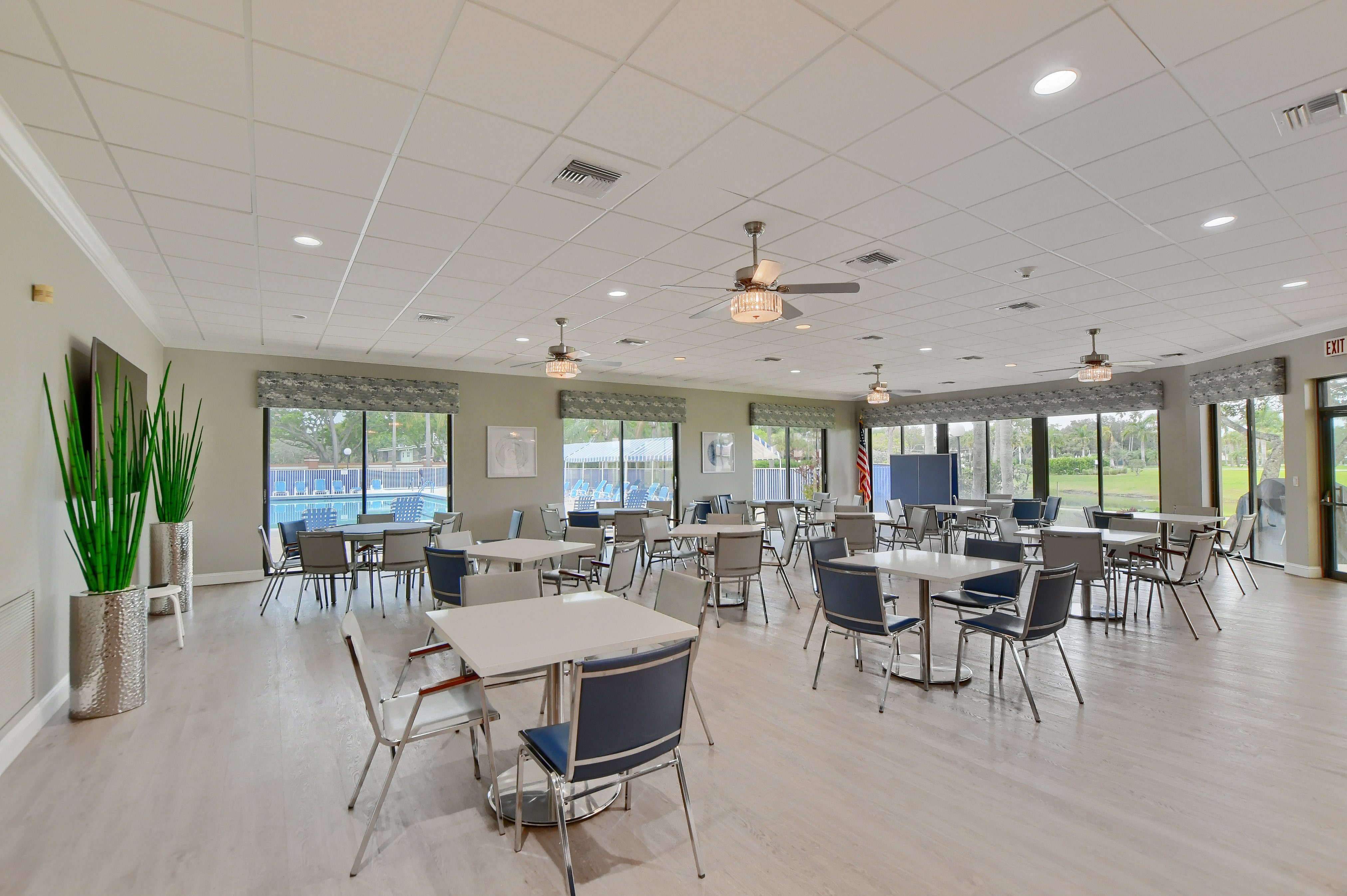 Bright clubhouse gathering space at Huntington Towers